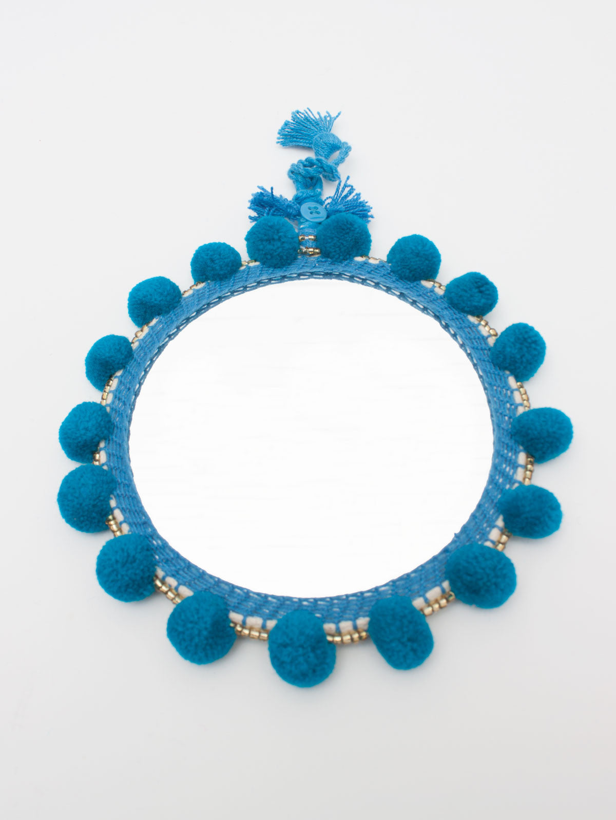 Stylish Teal Pom Pom Wall Mirror - Boho Home Decor for Bedroom, Living Room & Bathroom
