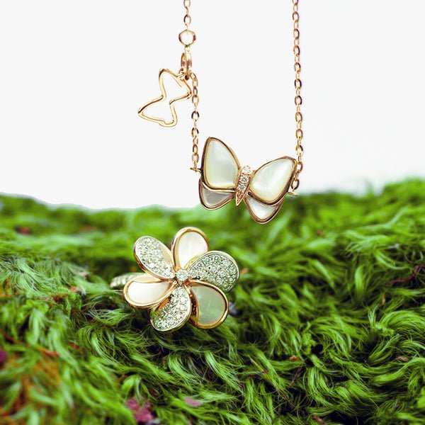 14k Rose Gold Butterfly Bracelet with Mother of Pearl & Diamond Center - Elegant Jewelry for Women, Perfect for Weddings, Anniversaries & Special Occasions