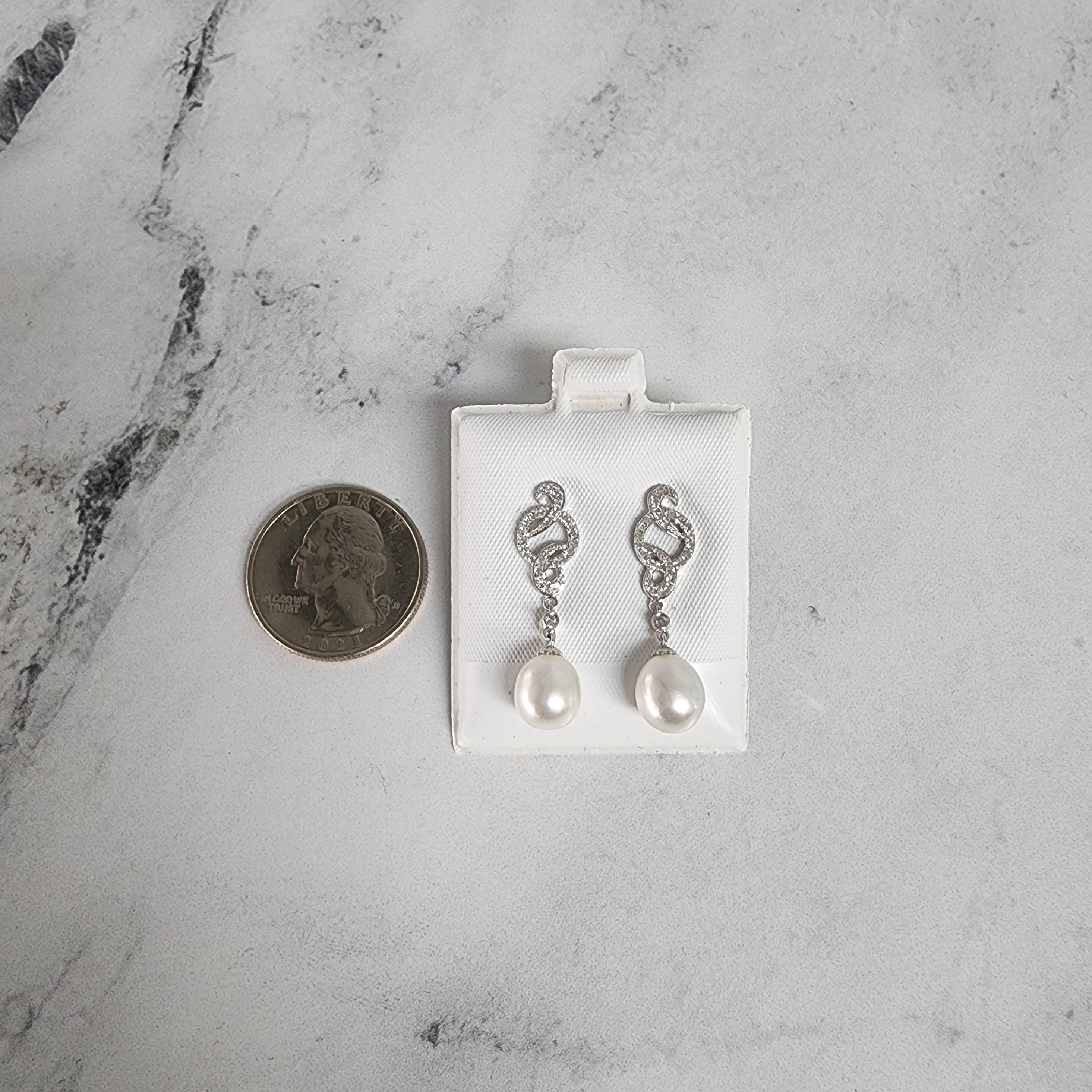 14K White Gold Diamond Pave & Pearl Drop Earrings .21cttw - Elegant Dangle Earrings for Weddings, Parties & Special Occasions