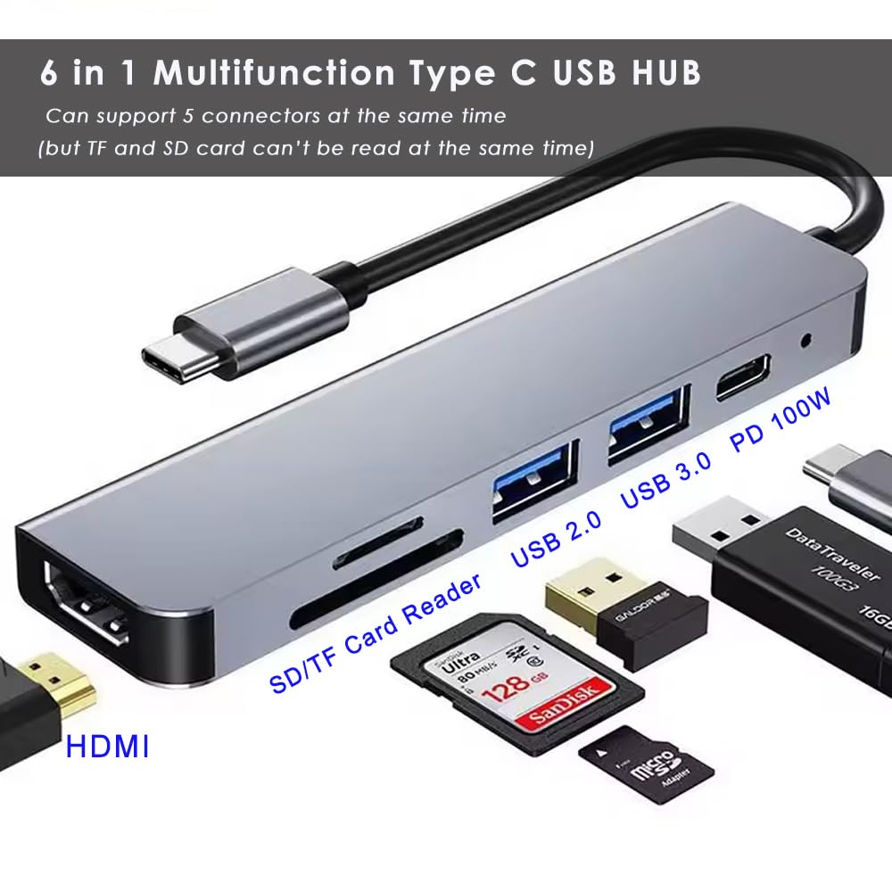 PONICOR 6-in-1 USB C Hub with HDMI 4K, 100W PD Charging, SD/TF Card Reader, USB 3.0/2.0 Ports - USB C Adapter for MacBook Pro/Air, Dell XPS, HP, Chromebook - Perfect for Home Office, Travel & Multi-Screen Setup