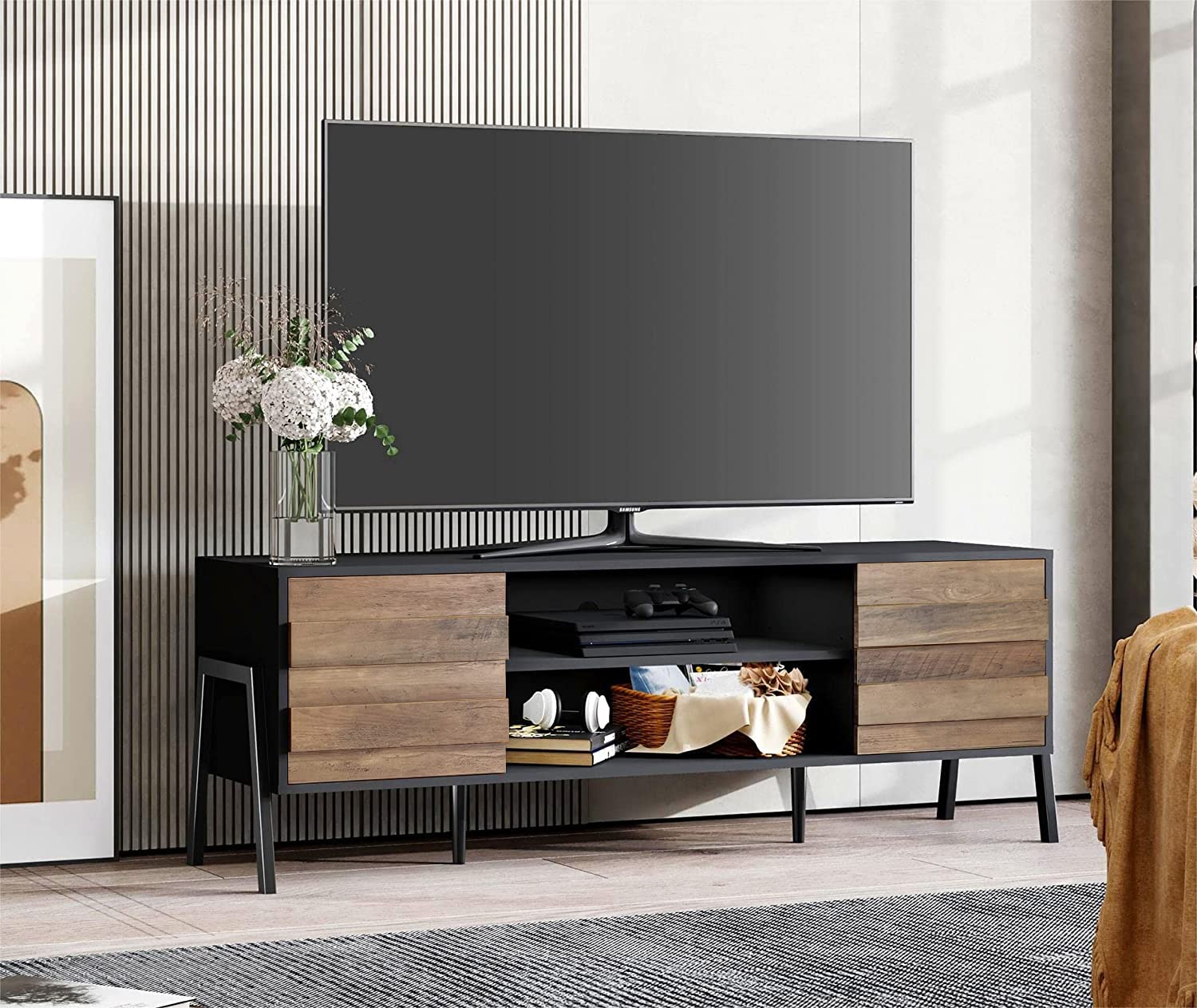 WAMPAT Modern TV Stand for 65 inch TV - Mid Century Wood TV Console Entertainment Center with 6 Storage Cabinets - Media Console for Living Room & Bedroom (60'', Black/Brown) - Perfect for Home Theater Setup & Living Room Organization