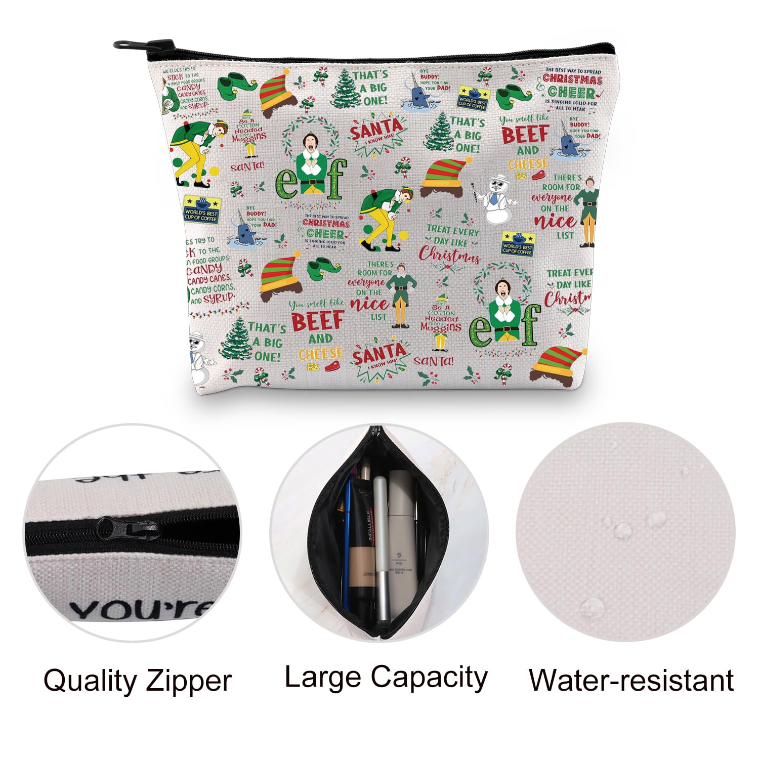 VAMSII E-F Movie Christmas Makeup Bag - Santa OMG Zipper Pouch for Buddy Fans | Holiday Vacation Accessories | Perfect for Gift Giving, Travel & Cosmetics Storage