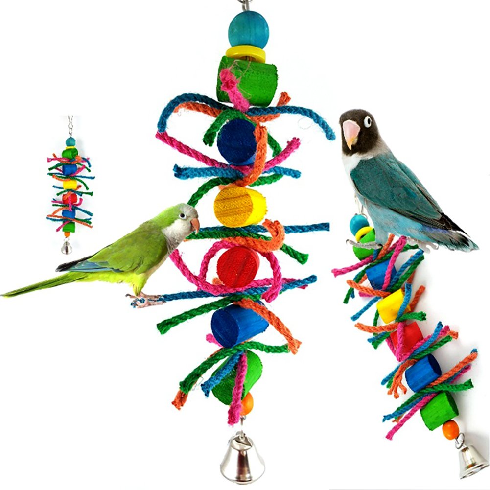 Colorful Wooden Parrot Toys with Hemp Rope - Chewable Swing & Cylinder Block Bird Enrichment for Cockatiels, Conures, Macaws - Cage Accessories for Play & Exercise