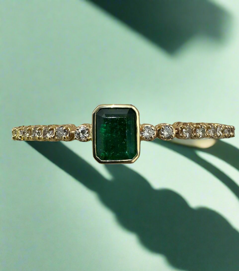 5.86tcw Vivid Green Bezel Emerald & Diamond Tennis Bracelet in 14K Gold - Elegant Jewelry for Women, Perfect for Weddings, Parties & Special Occasions