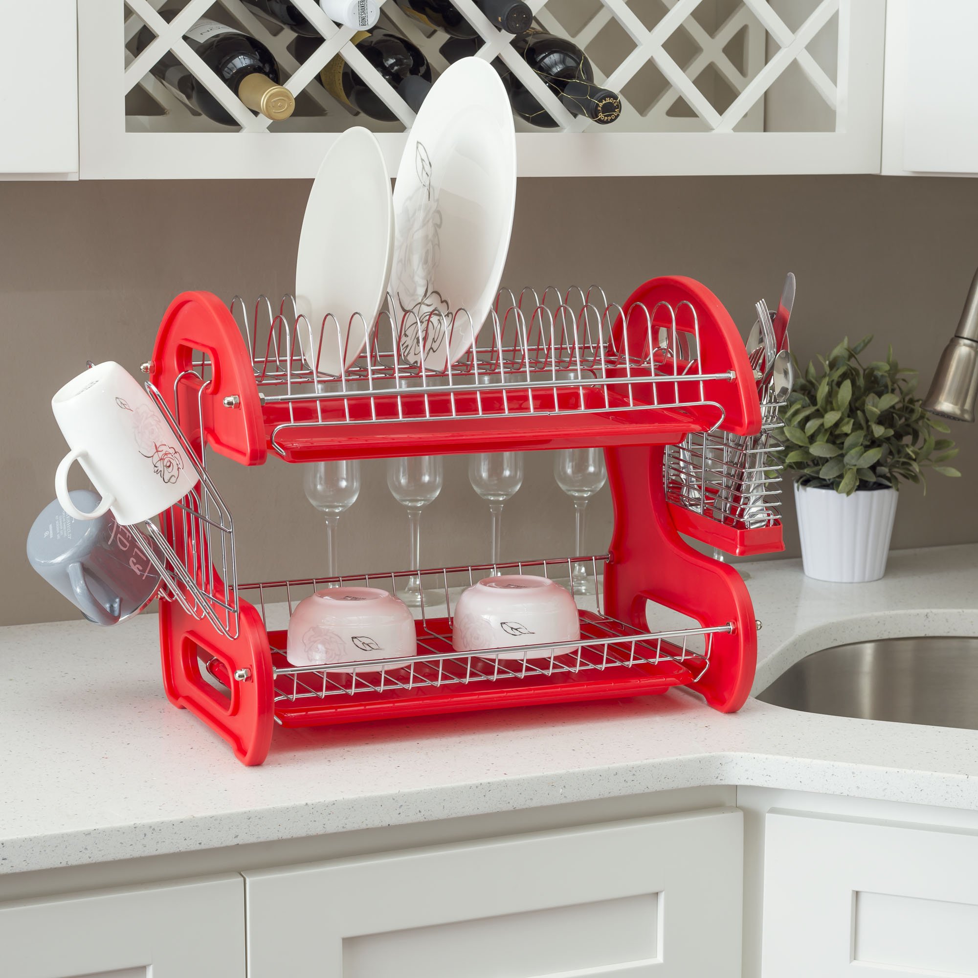 2-Tier Dish Rack with Cutlery Holder & Cup Slots - Space Saving Kitchen Organizer for Countertops