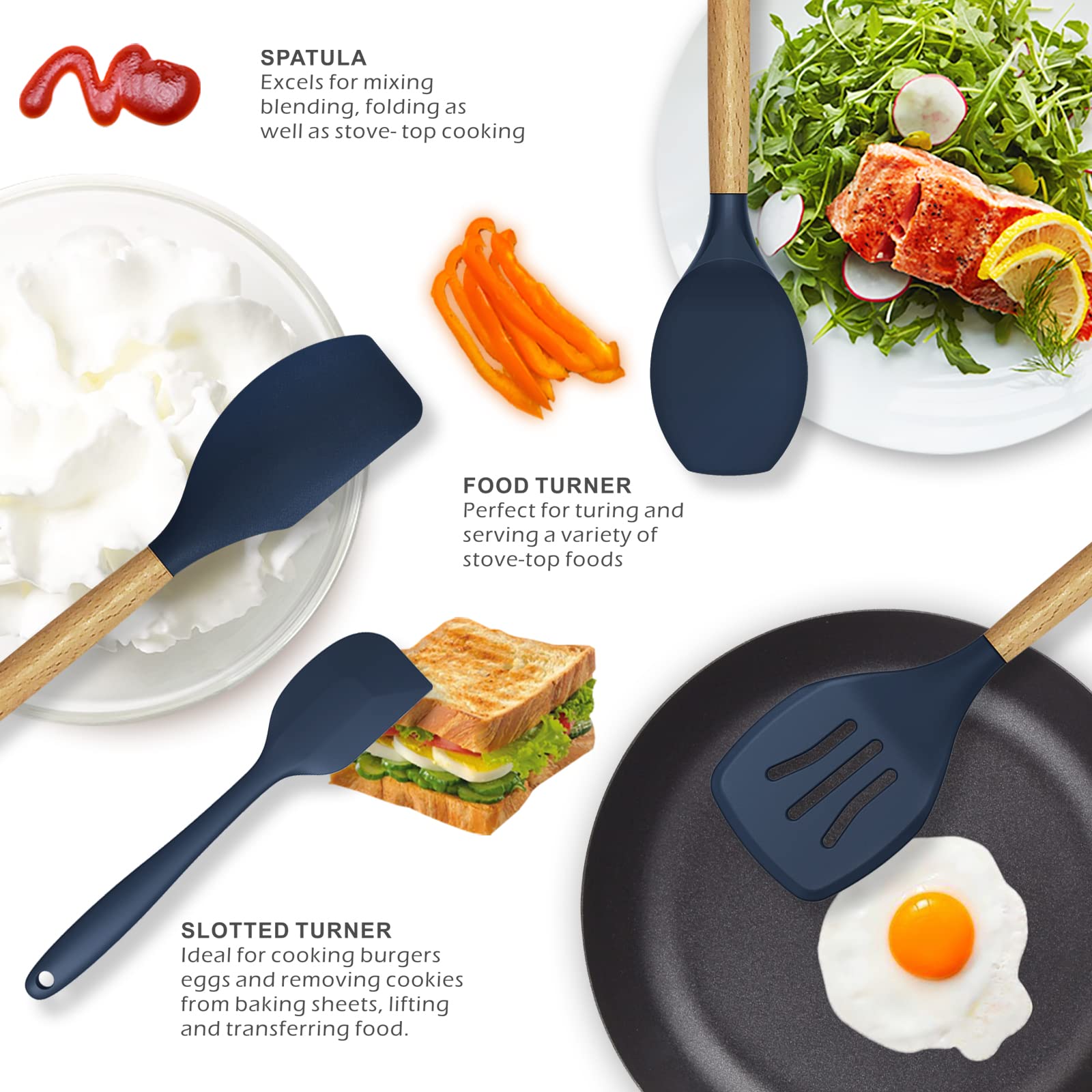 Heat-Resistant Silicone Cooking Utensils Set with Wooden Handles - BPA Free Kitchen Tools for Non-Stick Cookware (446°F Safe, Navy Blue) - Perfect for Baking, Frying & Everyday Cooking