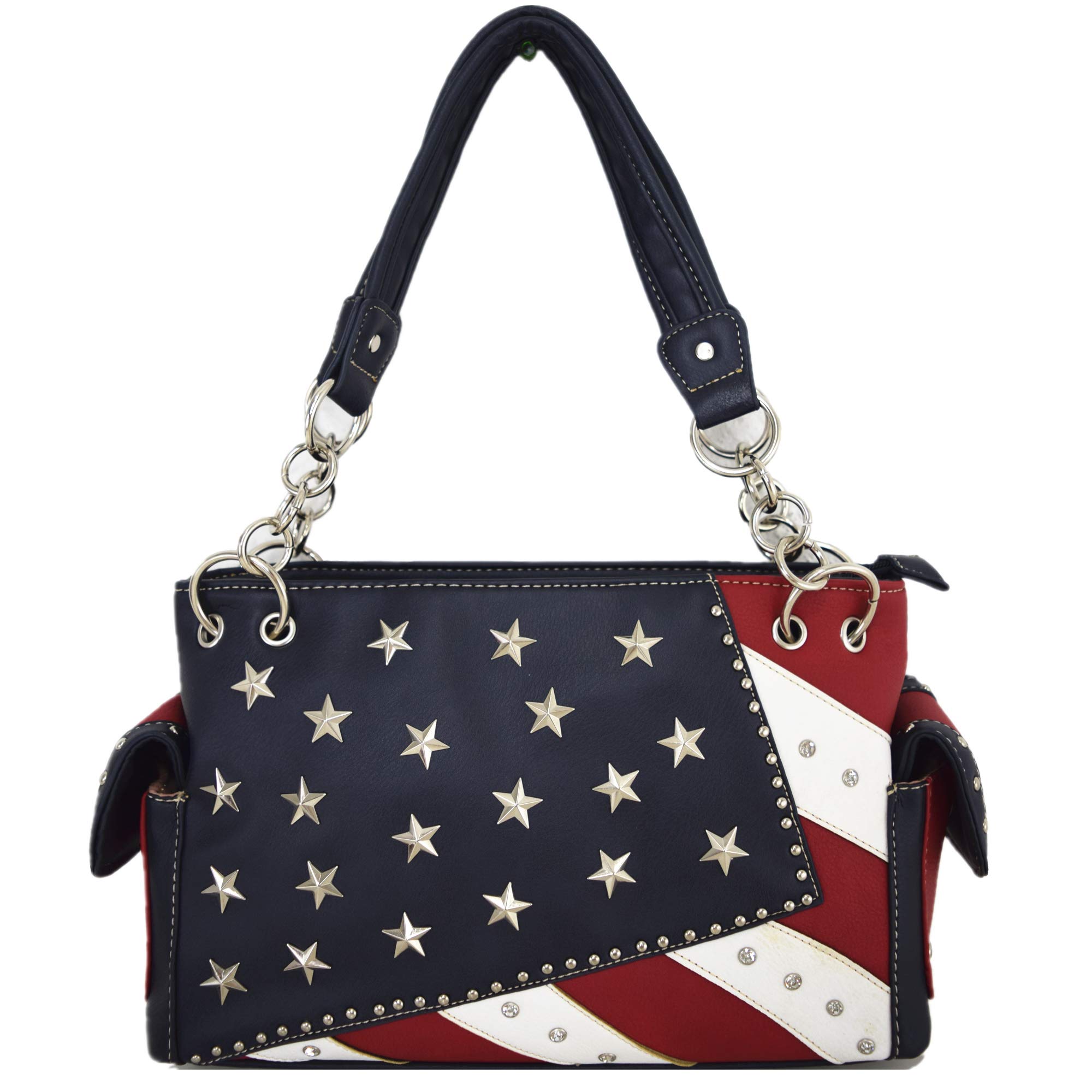 Western Cowgirl American Flag Rhinestone Leather Handbag & Wallet Set - Stars & Stripes Design, Red White Blue Large Women's Country Purse for Rodeo, Concerts, and Patriotic Events