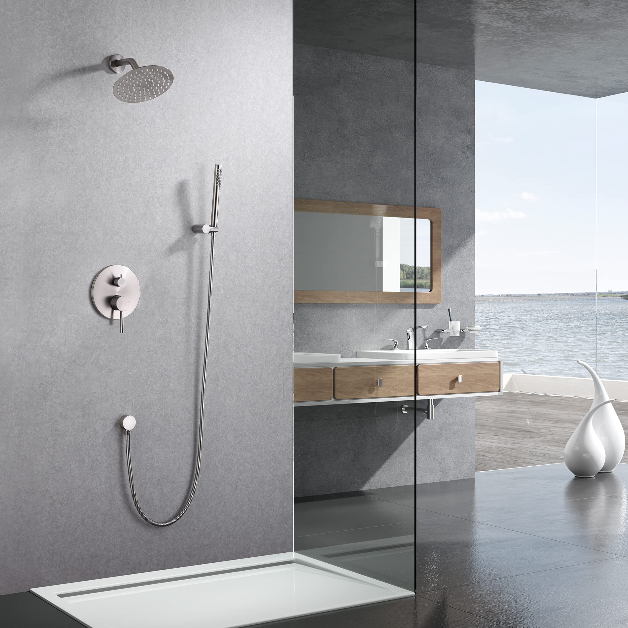 SUMERAIN Brushed Nickel Wall Mounted Rainfall Shower System with Handheld Sprayer & Valve - Luxury Bathroom Fixture for Spa-Like Shower Experience