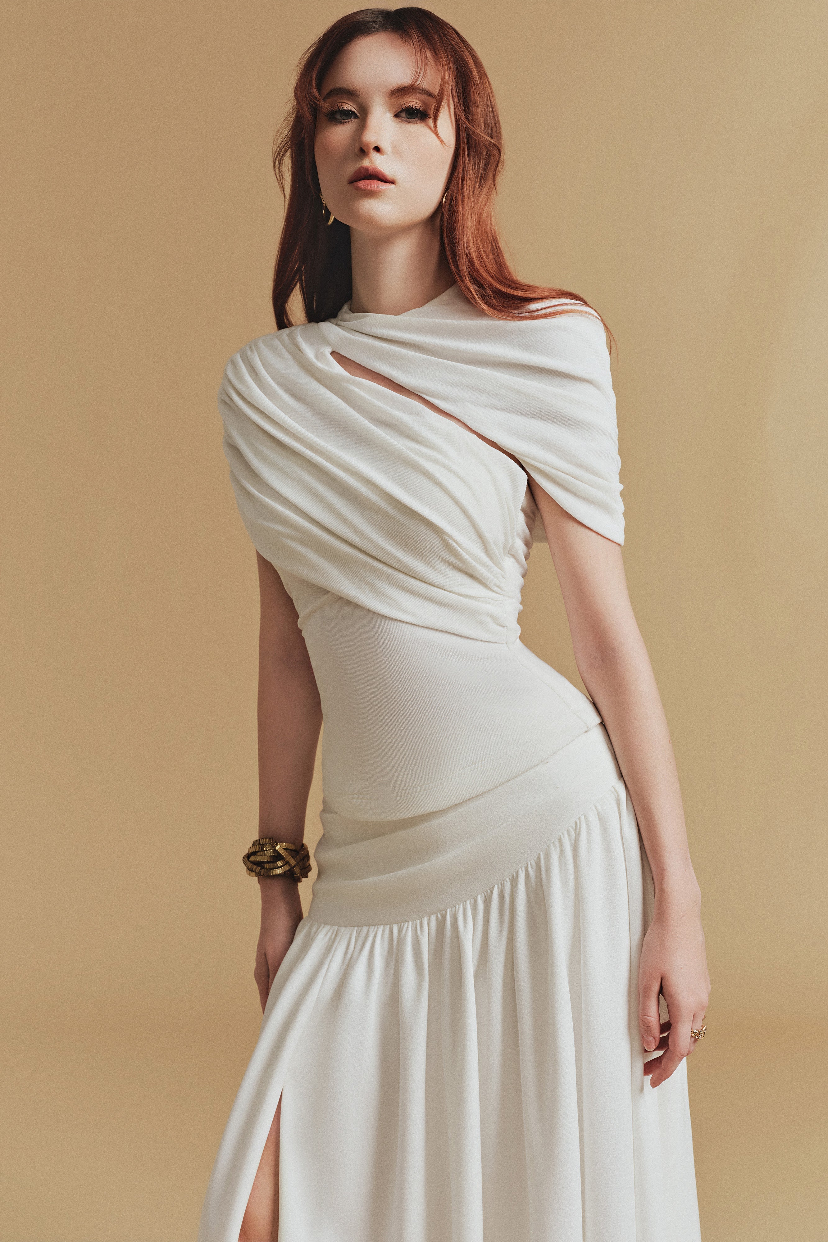 CASSIA Women's Asymmetrical Ruched Top and Midi Skirt Set in White | Elegant Two-Piece Outfit for Party, Date Night & Special Occasions