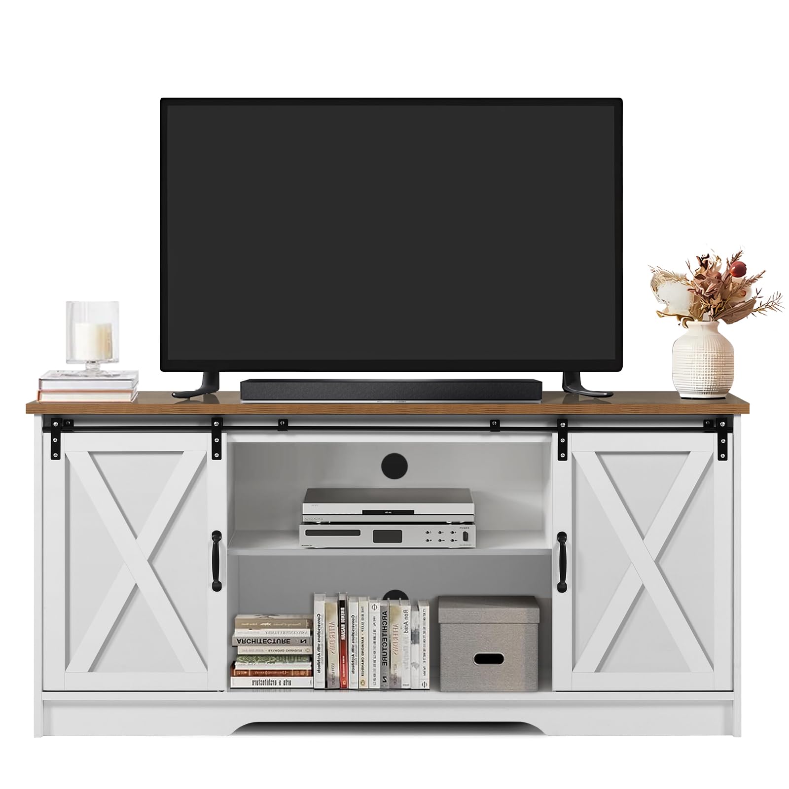 4 EVER WINNER White TV Stand for 65 Inch TV, Farmhouse Style Entertainment Center with Sliding Barn Doors - Holds TVs up to 65+ Inches, Adjustable Shelves for Living Room, Bedroom or Home Theater Setup