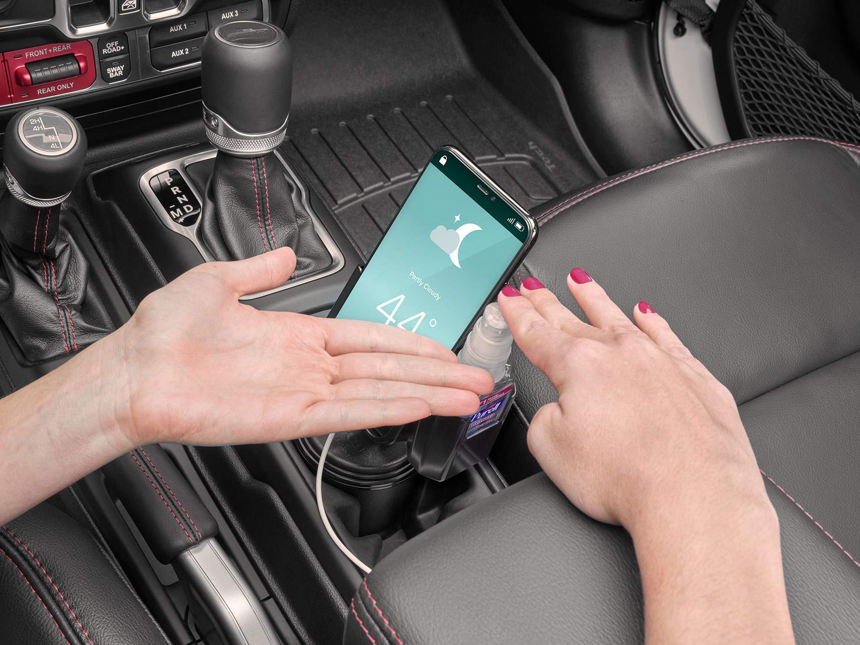 WeatherTech CupFone with Hand Sanitizer Holder - Universal Adjustable Car Cup Holder Phone Mount for iPhone & Smartphones - Gold Metal Knobs - Perfect for Road Trips & Daily Commutes