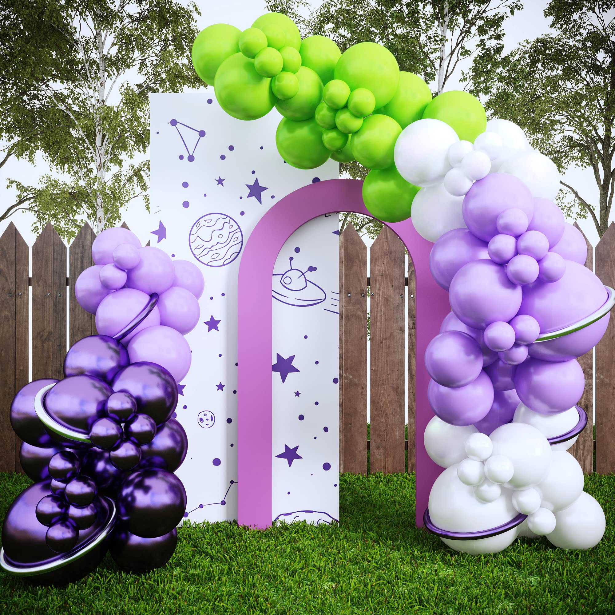 HOUSE OF PARTY 110-Piece Buzz Balloon Garland Kit - Purple Green & White Latex Balloons for Lightyear Themed Birthday Party Decor, Baby Shower Supplies | Perfect for Kids Birthday Parties, Bridal Showers & Gender Reveal Events