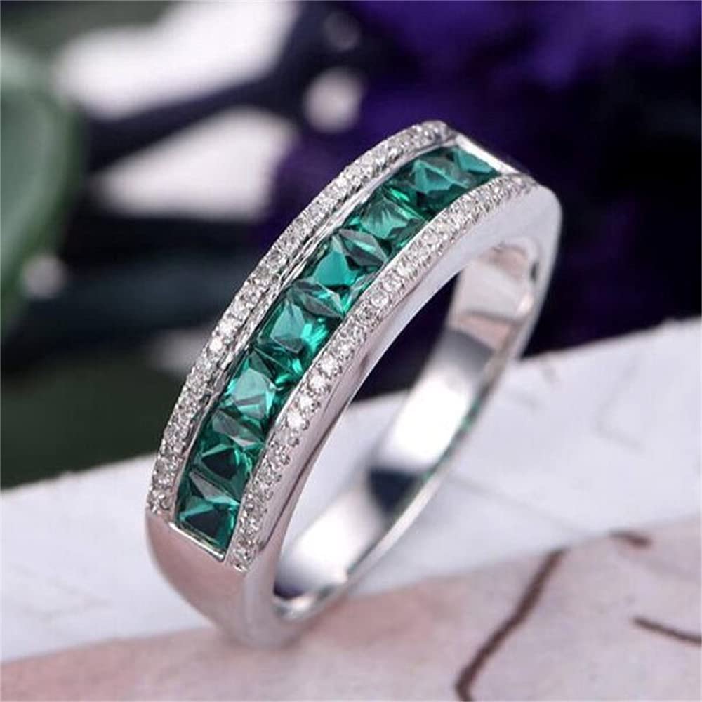 925 Sterling Silver Women's Emerald Gemstone Ring - Two Row Square Cut Green Zirconia Crystal Diamond Ring for Engagement, Wedding, Promise, or Cocktail Party (Size 6) | Elegant Jewelry Gift for Her
