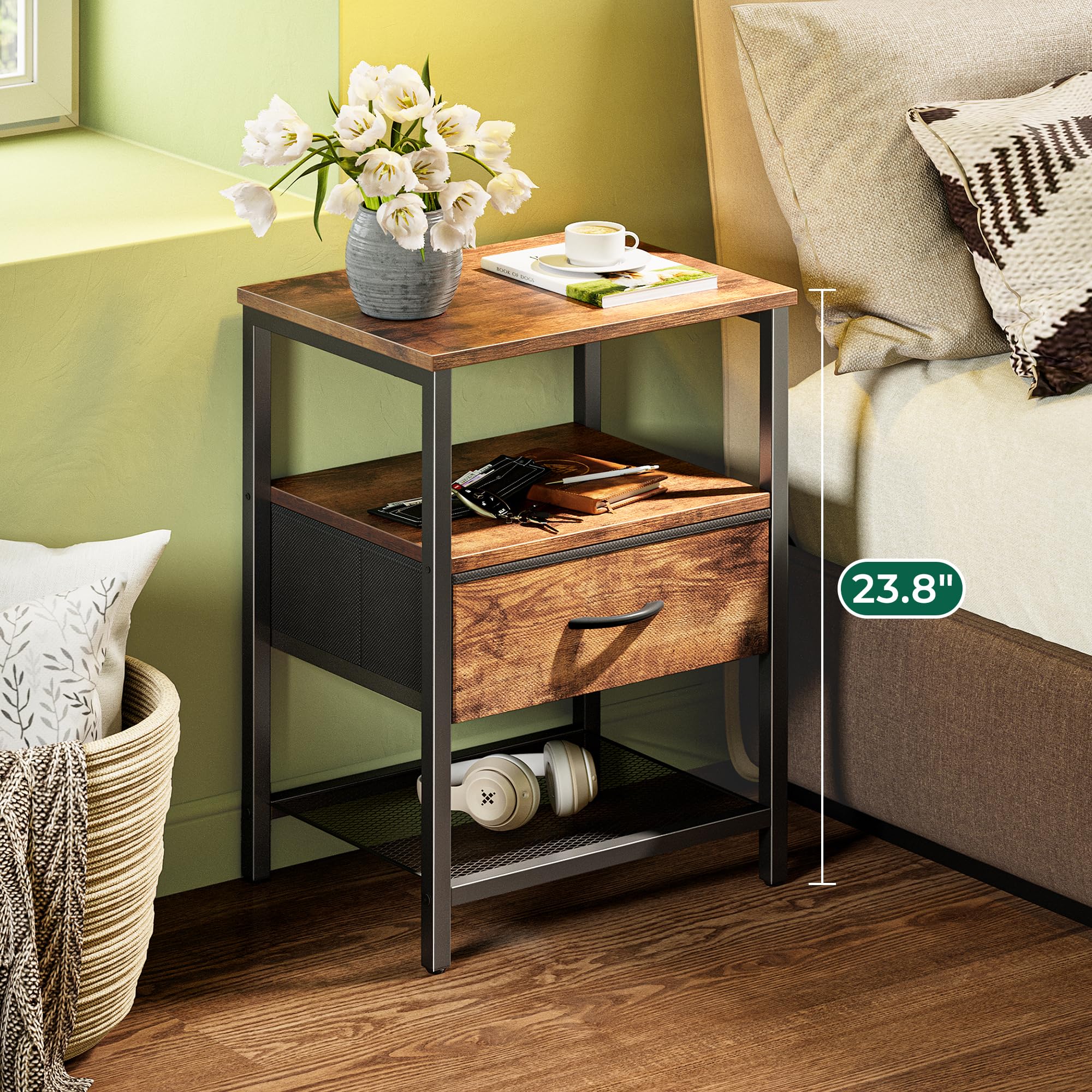 Huuger 2-Piece Nightstand Set with Fabric Drawer & Mesh Shelf - Rustic Brown Bedside Storage Tables with Metal Frame for Bedroom | Perfect for Small Spaces, Apartment Living & Guest Rooms