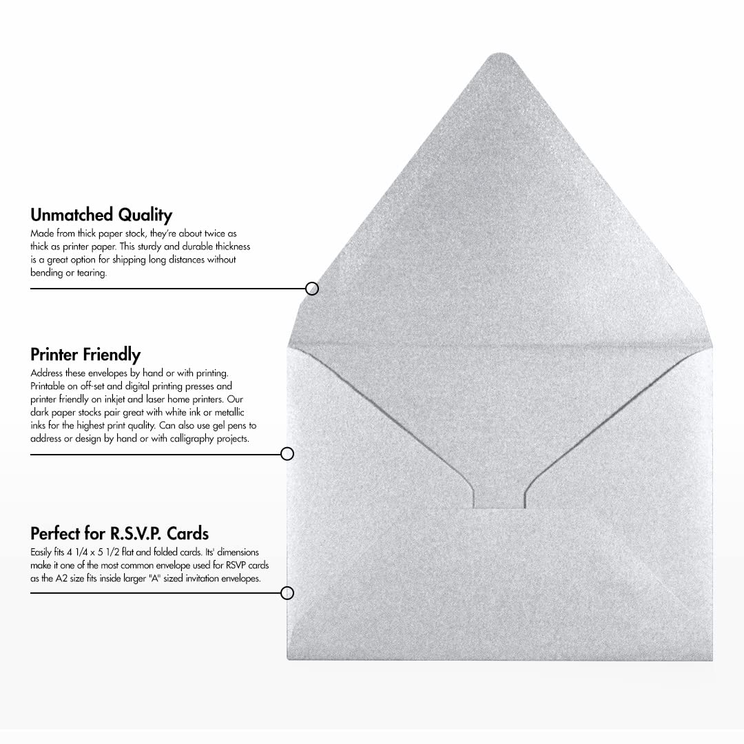 Premium A2 Contour Flap Envelopes (4 3/8 x 5 3/4 Inches) - 1000 Pack Silver Metallic Business Envelopes for Wedding Invitations, Greeting Cards & Professional Correspondence
