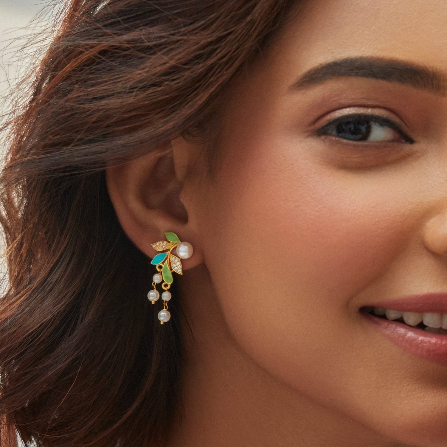 Eriha Pearl CZ Green Leaf Drop Earrings for Women - Elegant Dangle Earrings with Cubic Zirconia & Pearl Accents - Perfect for Weddings, Parties & Special Occasions