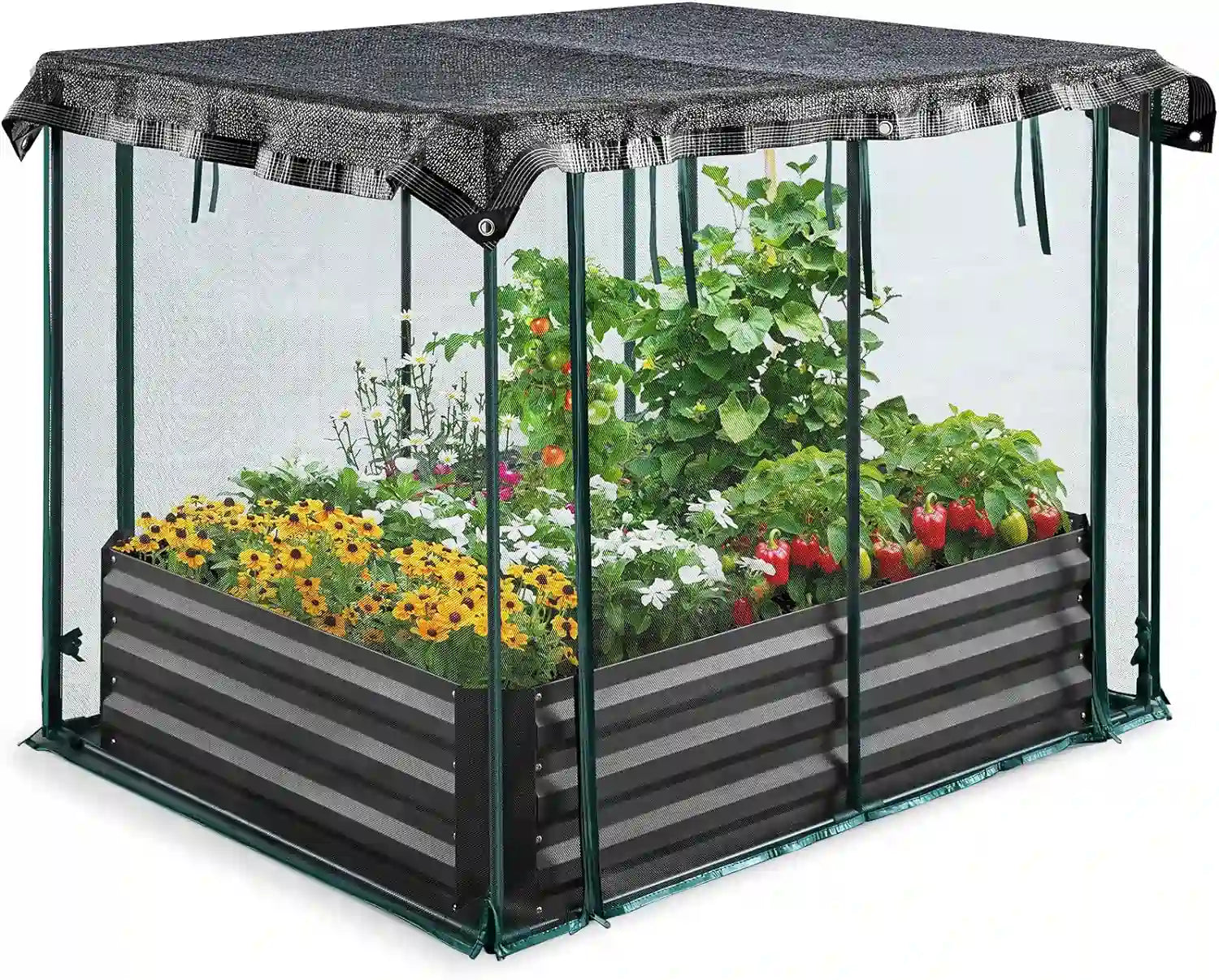Durable Galvanized Steel Raised Garden Bed with Protective Netting - Perfect for Outdoor Gardening, Vegetables, Flowers, and Herbs