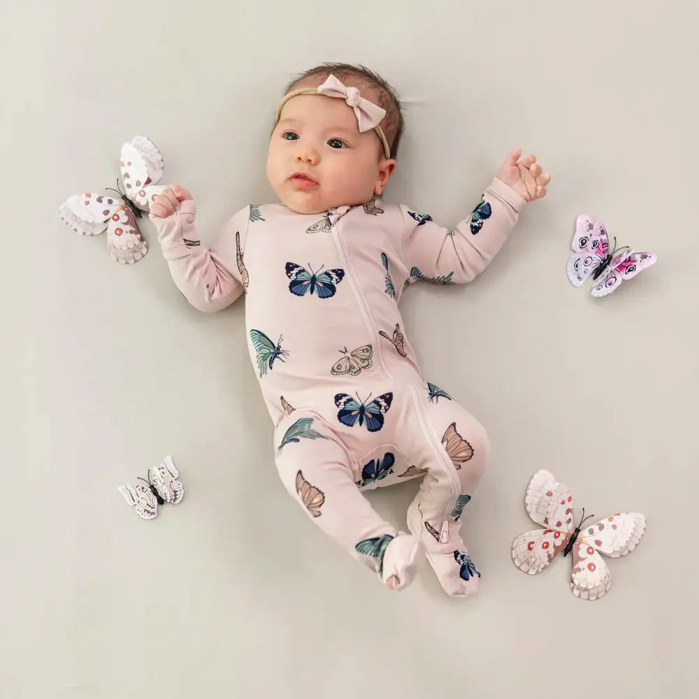 Kyte Baby Blush Butterfly Printed Zippered Footie Pajamas - Soft Organic Cotton Baby Sleepsuit for Newborn & Infant - Perfect for Bedtime, Lounging & Photo Shoots