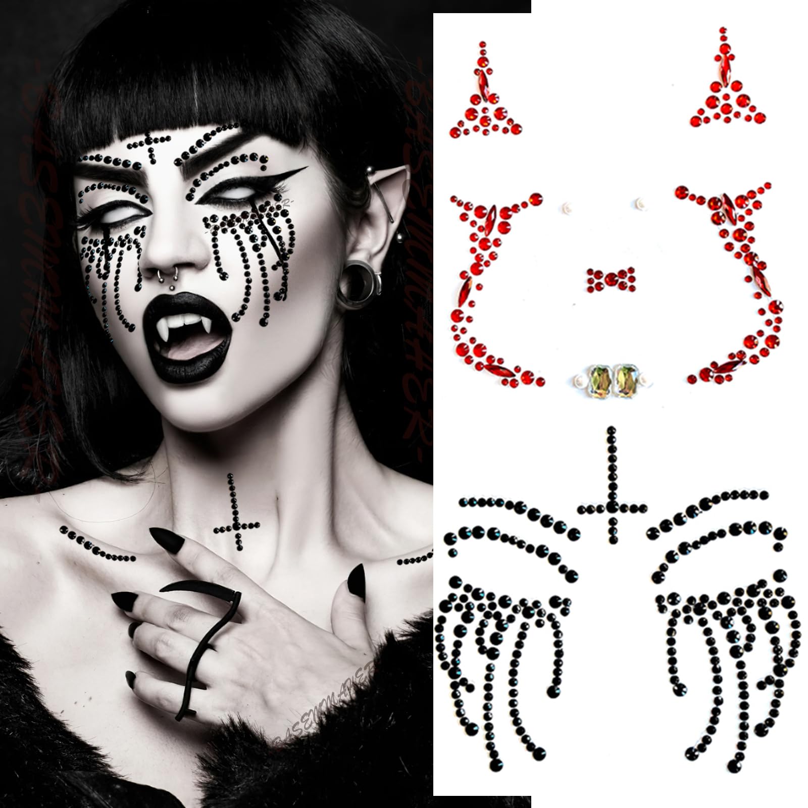 2 Pack Halloween Face Gems - Skull Day of the Dead Temporary Tattoos with Red & Black Rhinestones | Crystal Body Jewels for Makeup, Cosplay, Festival & Rave Party Outfits | Perfect for Halloween Costumes, Nightclub Events and Themed Parties