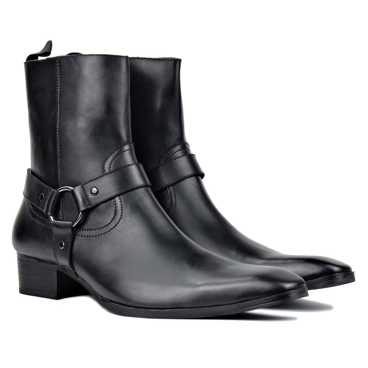 OSSTONE Men's Leather Chelsea Ankle Boots - Side Zipper Chukka Motorcycle Boots with Retro Heel - JY017-R - Perfect for Casual Wear, Motorcycle Riding & Dress Occasions