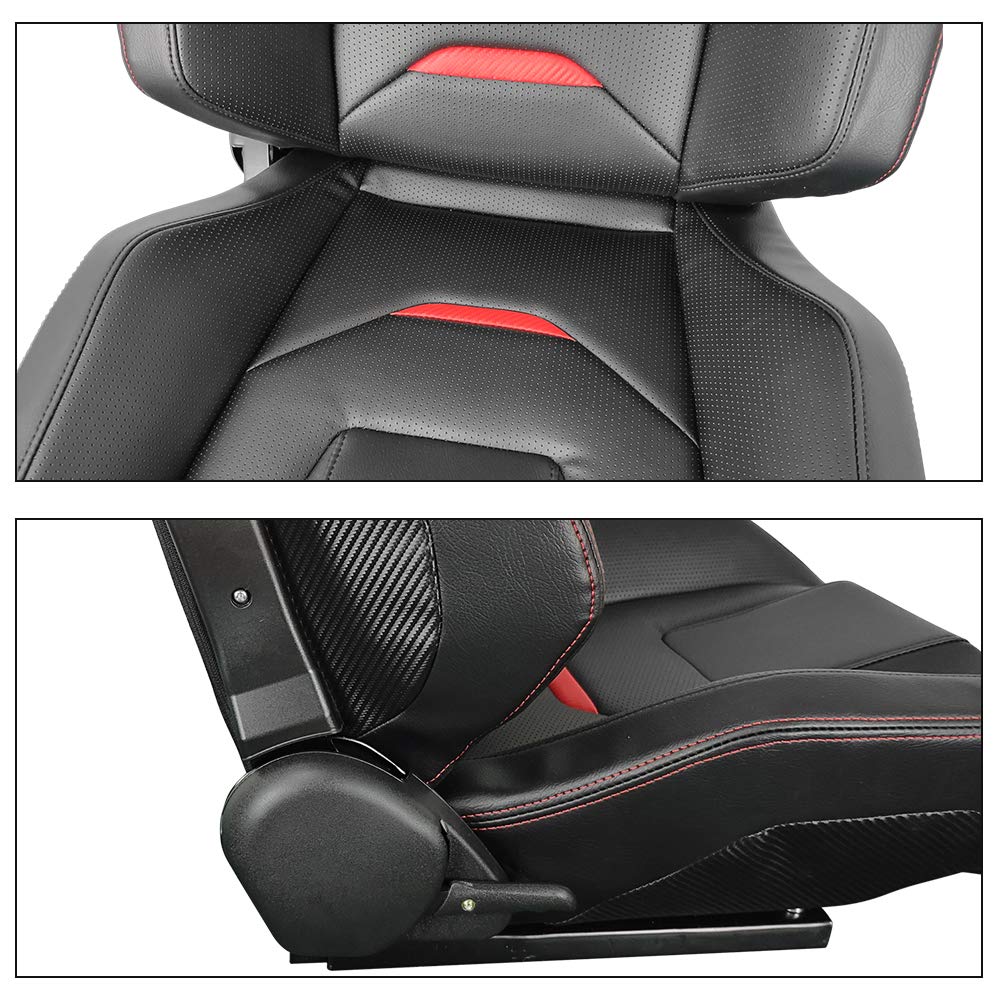 IKON MOTORSPORTS Universal Racing Seat - Right Passenger Side with Dual Slider, Black PU Leather with Red Stitch & Stripe, Reclinable - Perfect for Sports Cars, Drifting & Racing Enthusiasts