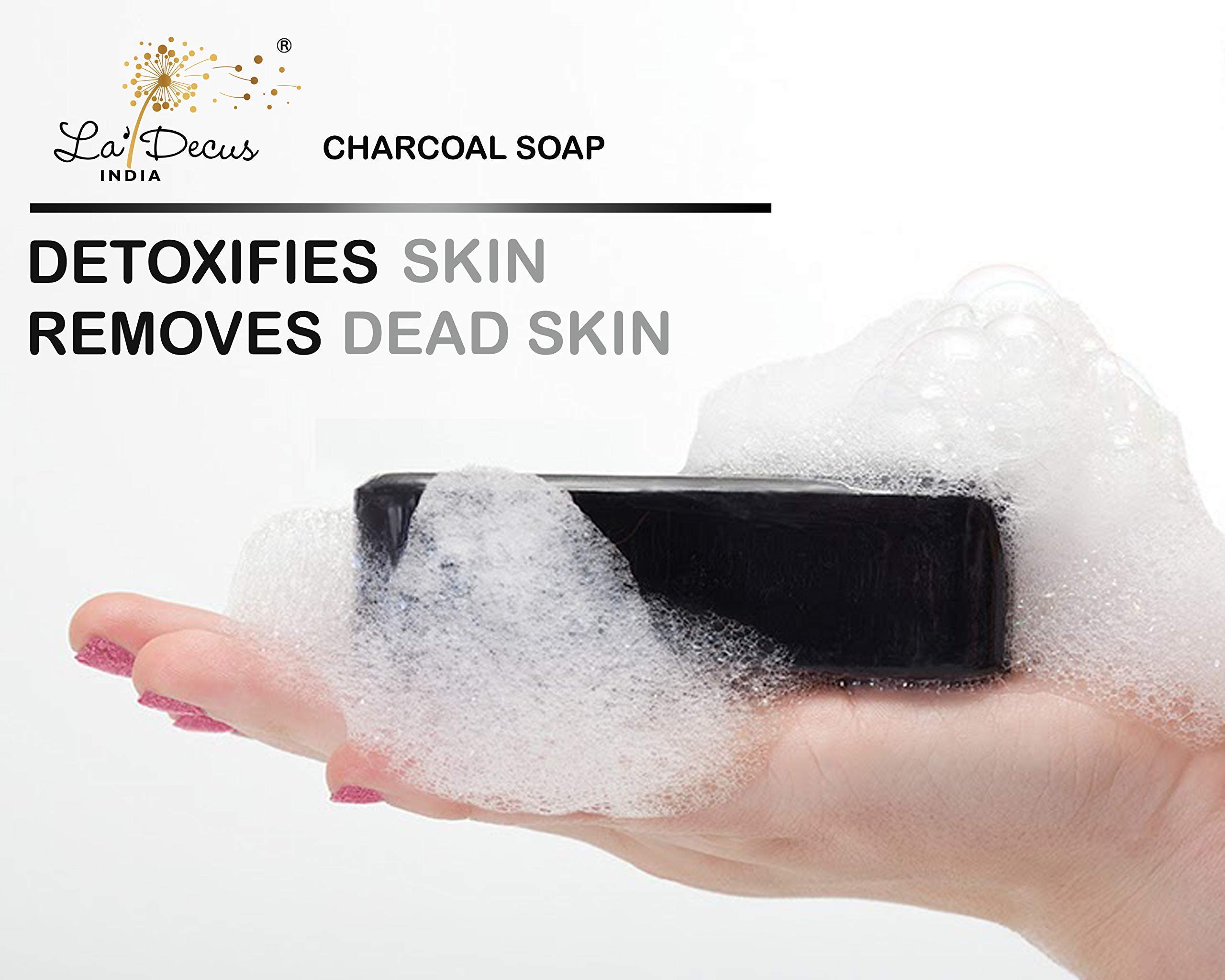 La' Decus Activated Charcoal Soap Combo Pack of 4 for Women & Men | Essential Oil Enriched Moisturizing Bar Soap | Detox & Exfoliate Skin | 100% Natural 100g Each | Perfect for Acne-Prone Skin & Daily Detox Routine