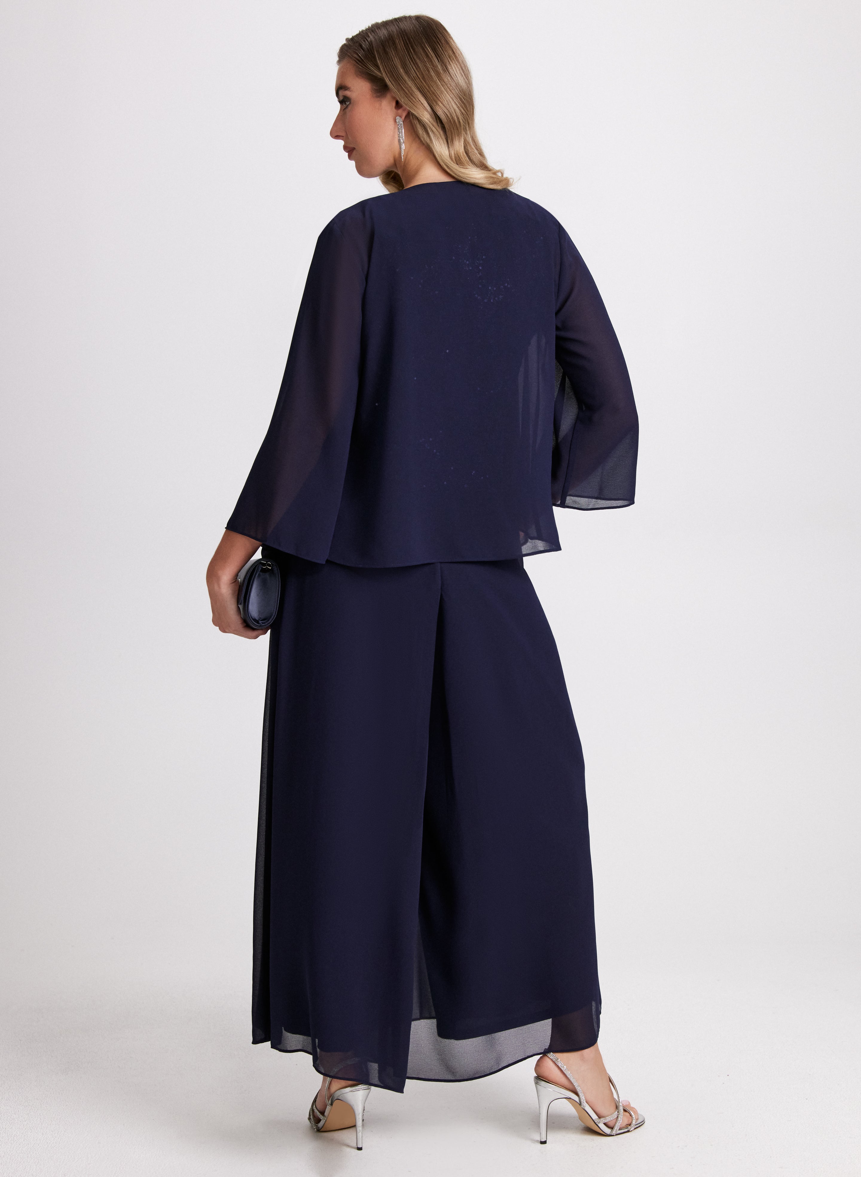 Elegant Chiffon Jumpsuit with Matching Jacket Set - Women's Flowy Romper & Blazer Outfit for Summer, Parties & Special Occasions