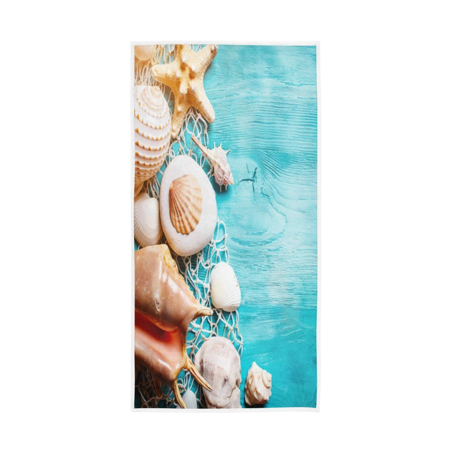 ALAZA Seashells & Starfish Print Blue Wooden Boards Bath Towel Set - 15 x 30 Inch Soft Absorbent Hand Towel & Washcloth for Hotel, Spa & Bathroom Decor | Beach Theme Coastal Home Accessories