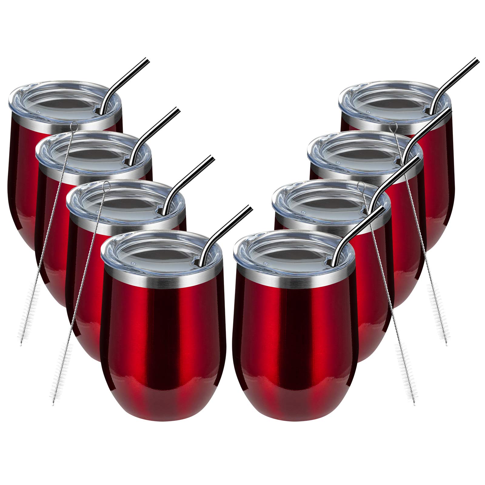 MEWAY 12oz/8 Pack Stainless Steel Wine Tumblers with Lid - Double Wall Vacuum Insulated Travel Cups for Hot & Cold Drinks - Perfect for Wine, Coffee, Cocktails, Gifts (Burgundy, 8-Piece Set) | Great for Outdoor Picnics, Camping, Parties & Home Entertaining