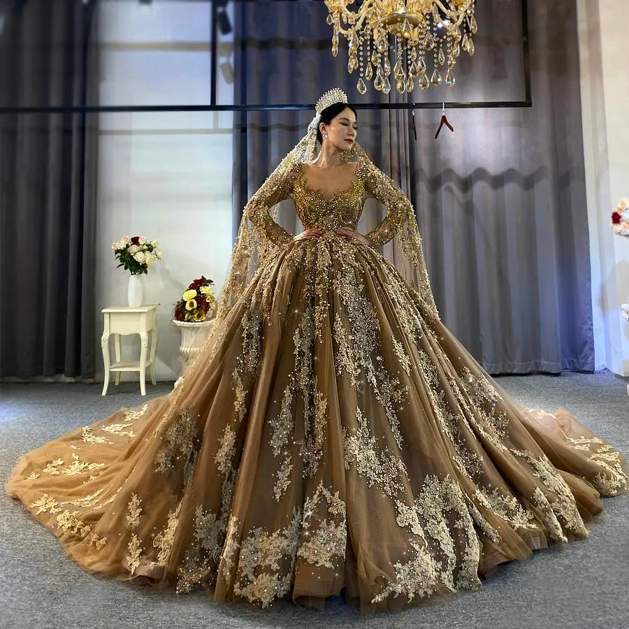 Elegant Champagne Color Wedding Dress with Full Beading & Lace Veil - Perfect for Bridal Ceremonies, Vow Renewals, and Formal Events