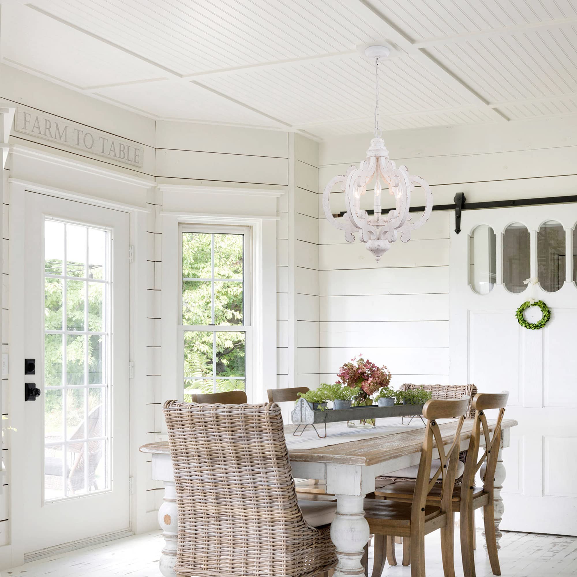 Rustic Farmhouse Chandelier - 6-Light White Wood Pendant Light with Adjustable Chain for Dining Room, Living Room, Entryway - Perfect for Country Style Home Decor & Cozy Gatherings