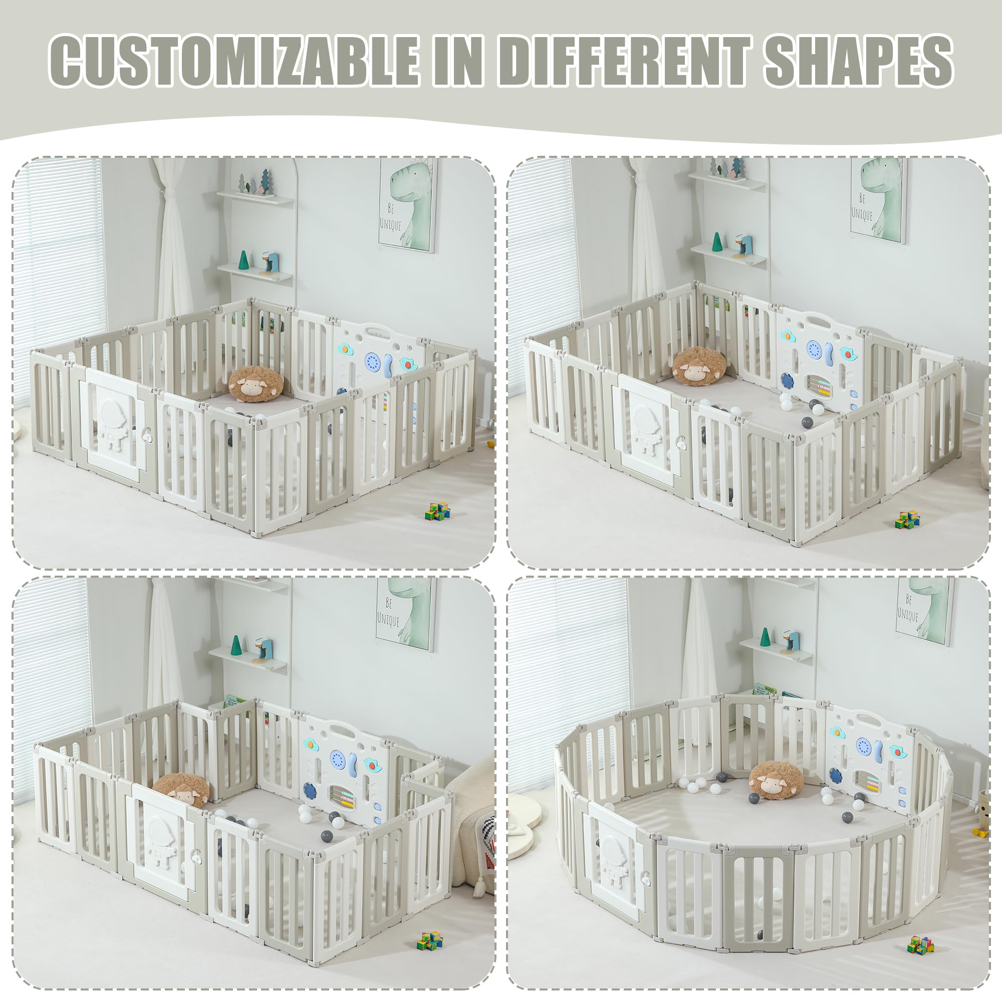 Extra Large Baby Play Pen - 18 Panels Foldable Playpen for Babies & Toddlers | Adjustable Portable Play Yard & Safety Fence | Grey Astronaut-Themed Baby Gate | Perfect for Indoor Playrooms, Daycare Centers & Home Safety