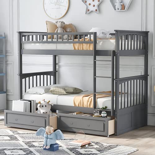P PURLOVE Twin Over Twin Bunk Bed with 2 Storage Drawers - Space-Saving Wood Convertible Bunk Bed Frame for Kids & Teens - Can Be Divided into 2 Daybeds - Gray - Perfect for Small Bedrooms, Guest Rooms & Dormitories