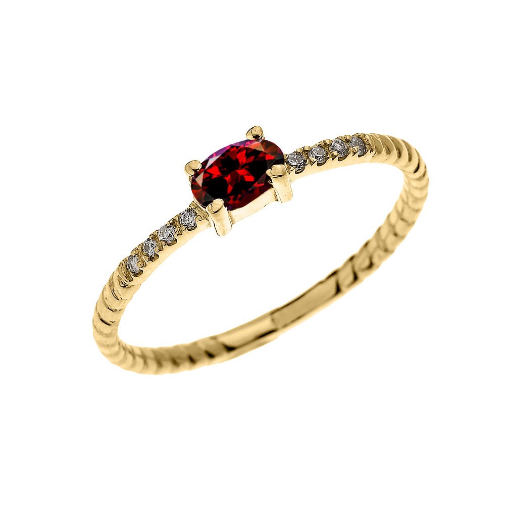 10k Yellow Gold Diamond & Oval Garnet Solitaire Rope Design Stackable Ring for Women - Elegant Proposal, Engagement & Wedding Jewelry Gift for Her - Perfect for Anniversaries, Valentine's Day & Special Occasions