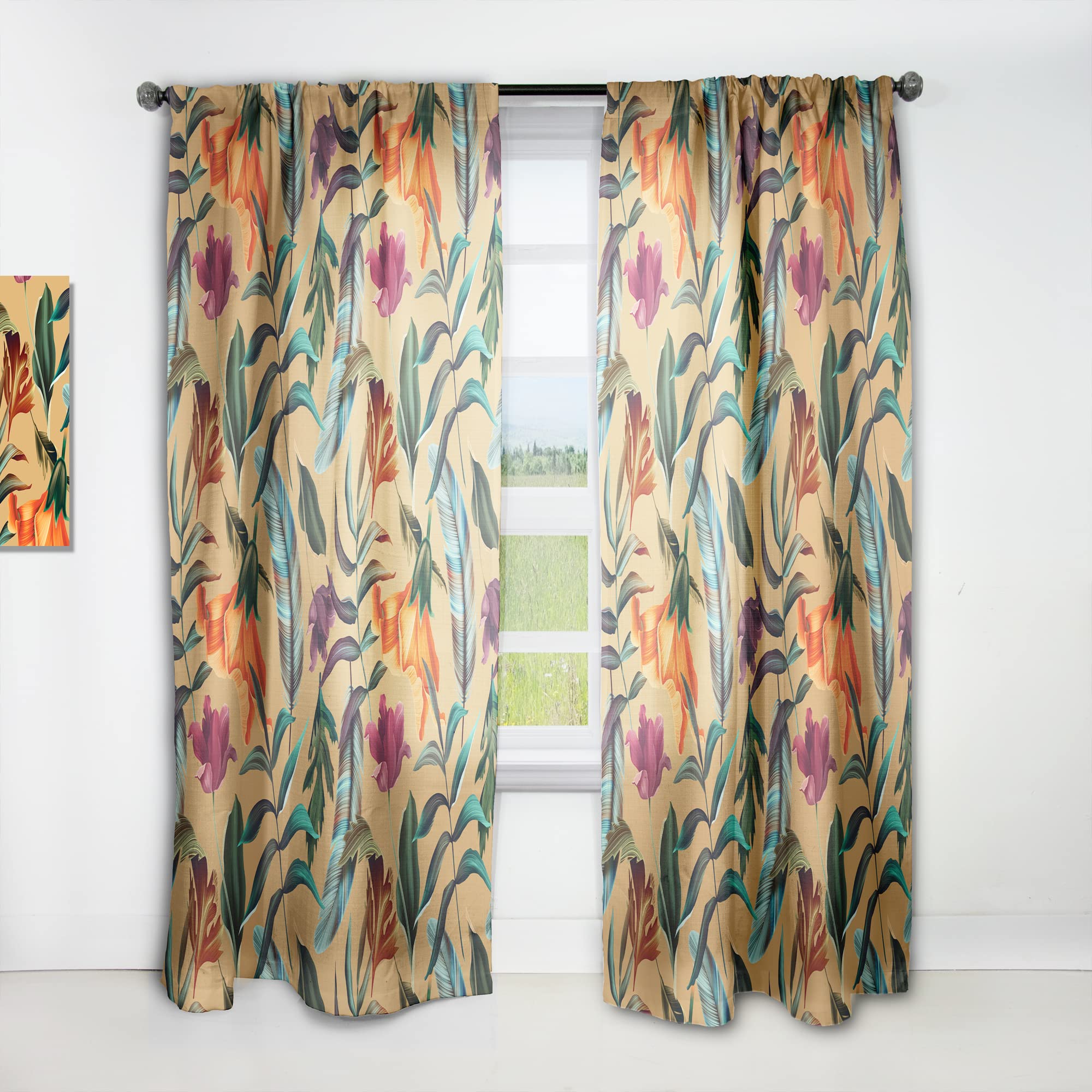 DesignQ Retro Tropical Flowers & Feathers Thermal Insulated Curtains - Single Panel 52x108 - Elegant Window Treatments for Bedroom & Living Room | Perfect for Home Decor, Privacy & Energy Efficiency