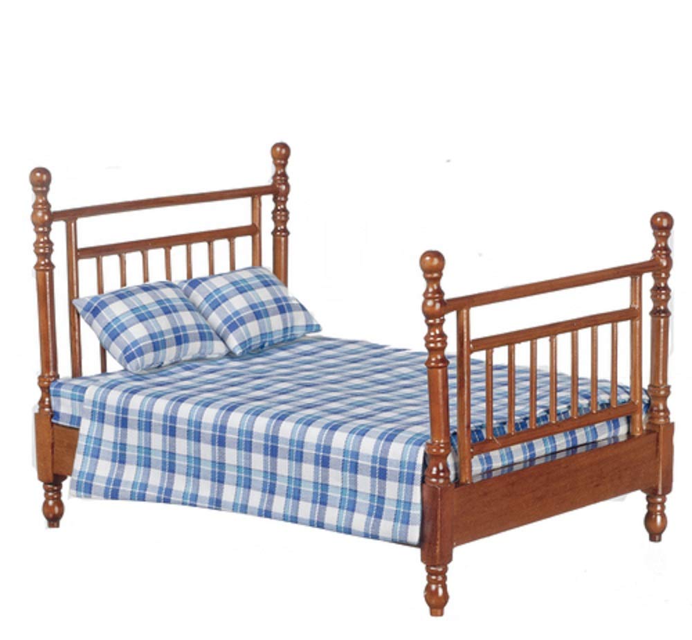 1:12 Scale Dollhouse Miniature Walnut Double Bed with Linens - Realistic Wooden Furniture for Dollhouse & Model Display - Perfect for Collectors, DIY Projects & Home Decor #T6771