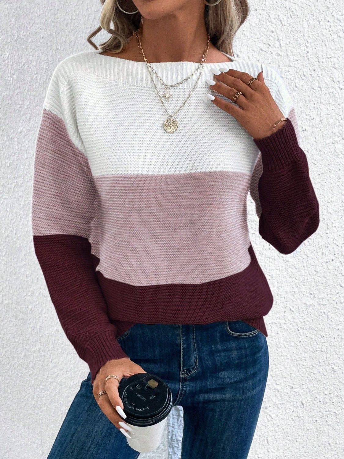 Stylish Color Block Boat Neck Sweater for Women | Trendy Knit Pullover | Perfect for Fall Layering & Casual Outfits