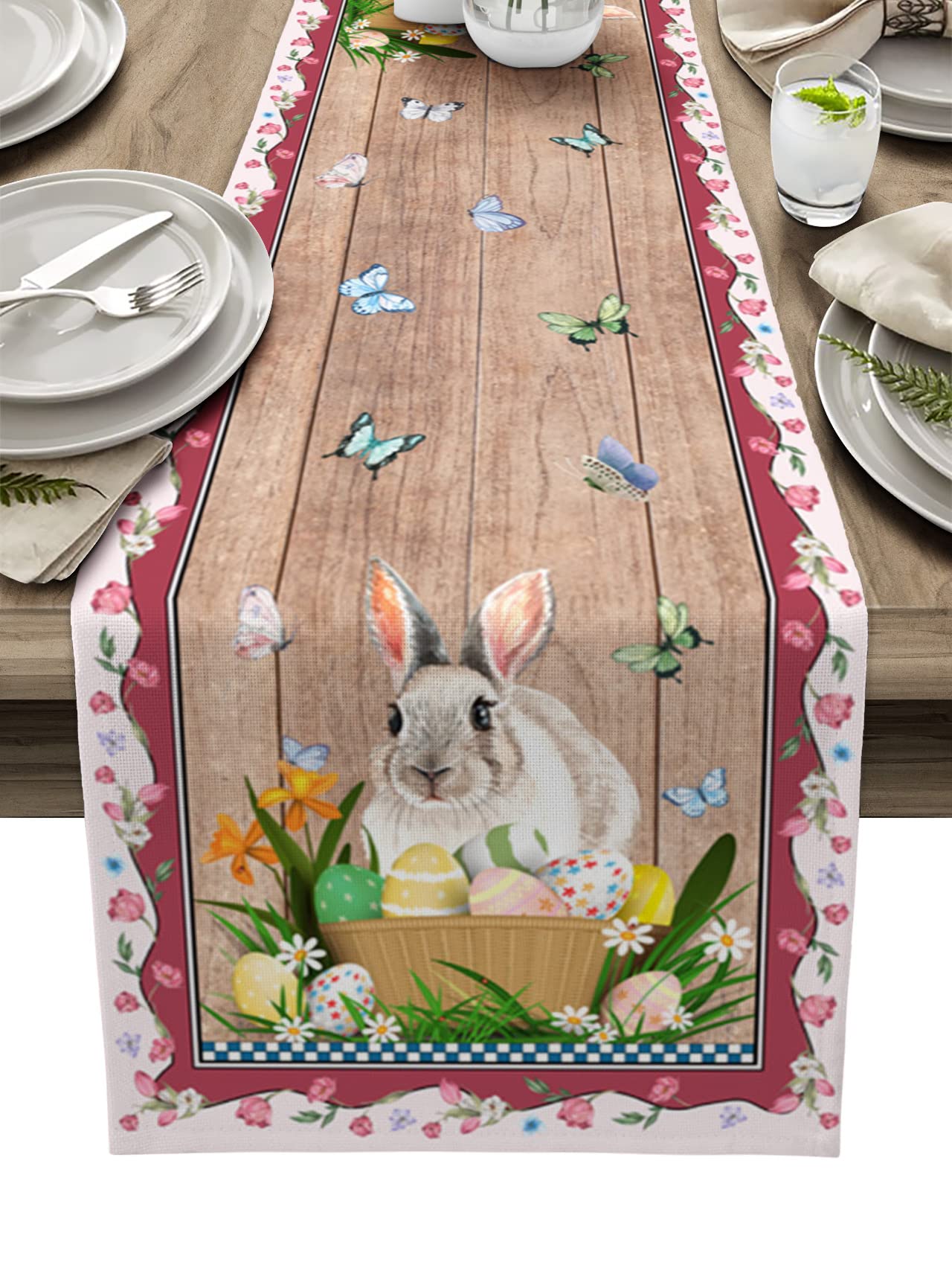 Easter Table Runner 16x72 Inch Farmhouse Linen Kitchen Dining Table Decor - Colorful Bunny Easter Eggs & Spring Tulip Flowers Design - Perfect for Holiday Table Settings, Spring Parties & Farmhouse Decor