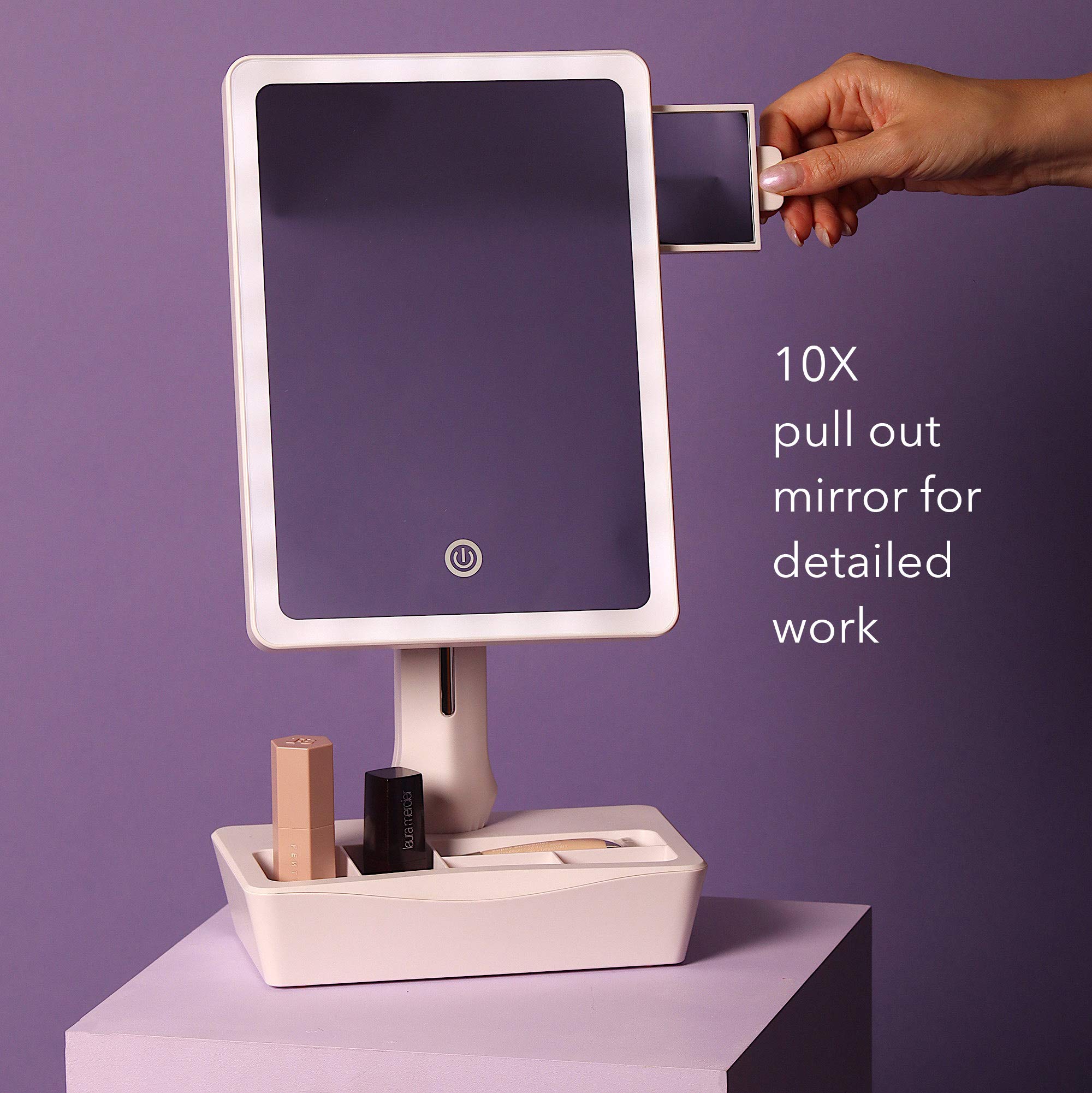 Fancii LED Lighted Large Vanity Makeup Mirror with 10X Magnifying Mirror - Dimmable Natural Light, Touch Screen, Dual Power, Adjustable Stand with Cosmetic Organizer - Perfect for Professional Makeup Artists, Home Vanity & Travel Use