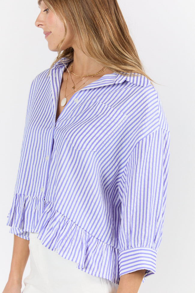 Stylish Blue Ruffle Hem Textured Stripe Button Down Blouse for Women - Perfect for Office Wear, Casual Outings & Date Nights