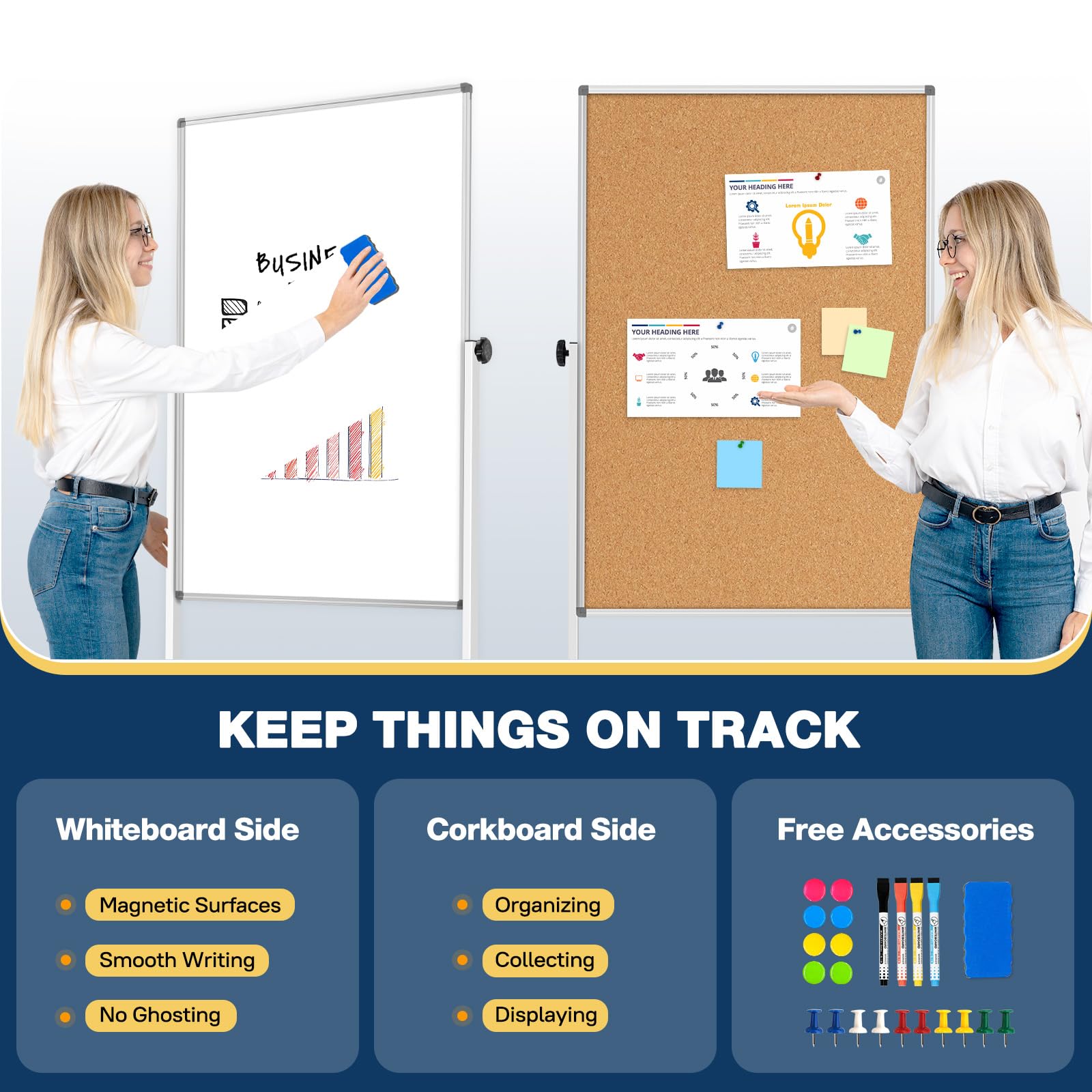 13 Sq/ft WALGLASS Mobile Whiteboard & Corkboard Combo - 24