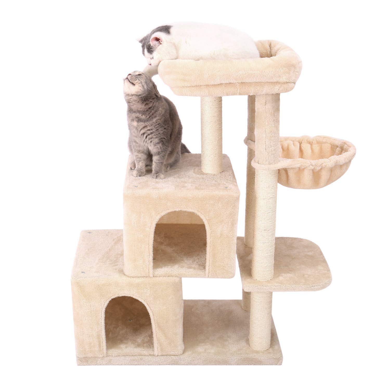 Beige Small Cat Table with 2 Comfortable Cat Litters, Top Lying Litter & Hammock, Sisal Scratching Post & Hanging Plush Ball - Perfect for Small Cats to Exercise, Play & Rest - Ideal for Apartments, Living Rooms & Pet-Friendly Spaces