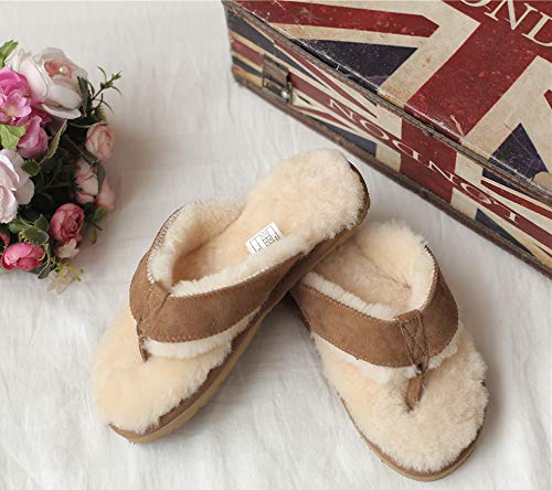 Genuine Sheepskin Fur Lined Flip Flops - Winter Warm Unisex Slides for Women & Men with Real Sheep Leather & Suede Sole - Cozy House Slippers for Indoor/Outdoor Use