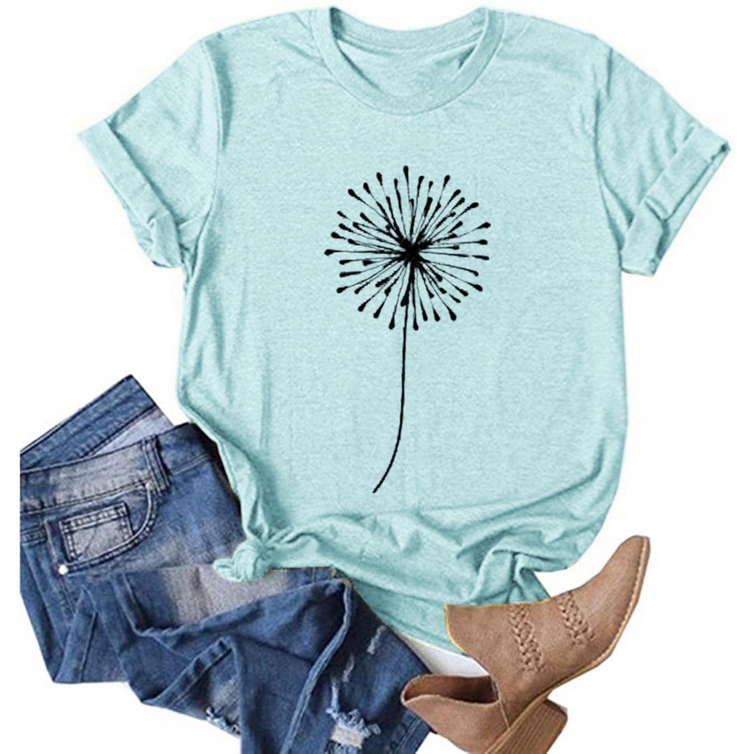 Trendy Women's Summer Short Sleeve T-Shirts - Casual Loose Fit Cute Dandelion Print Tee for Outdoor Activities, Beach Vacations & Everyday Wear