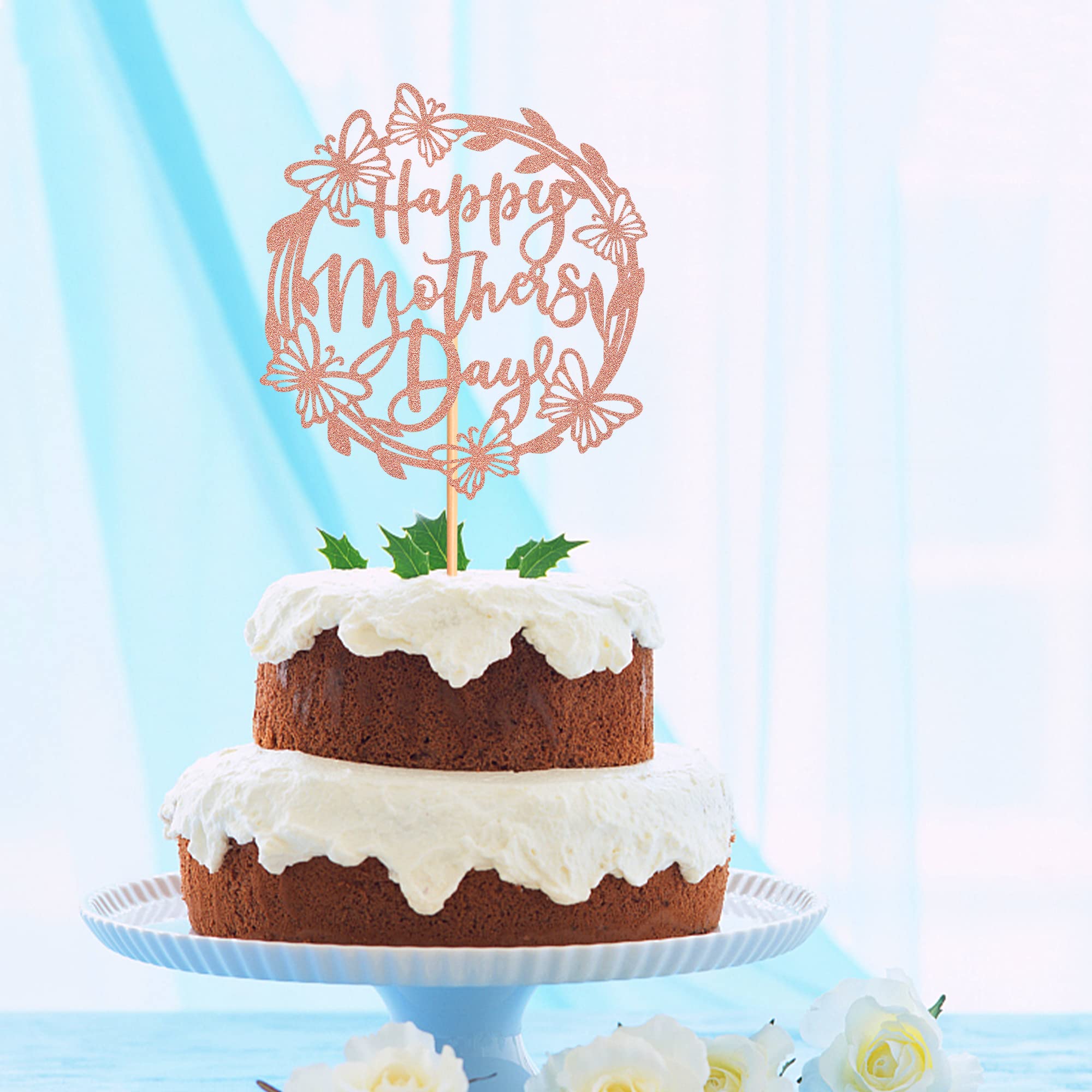 Happy Mother's Day Cake Topper - Glitter Letter Mom Cake Decoration with Rose Gold Butterfly for Birthday Party, Wedding, Baby Shower & Special Celebrations