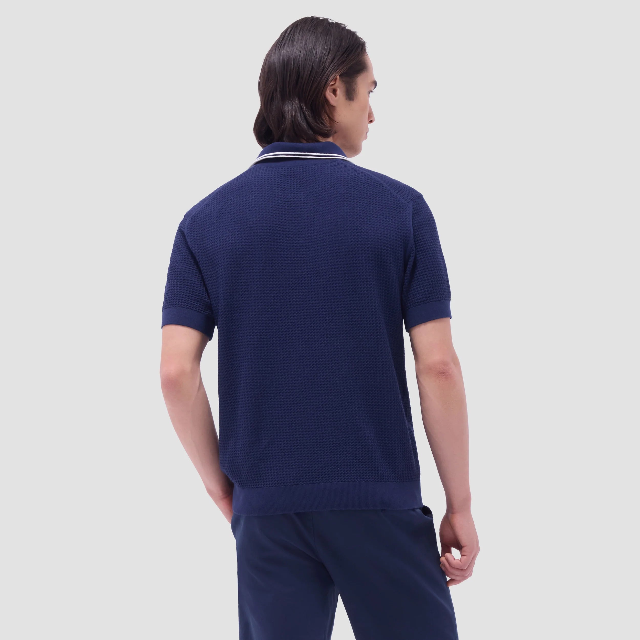 Bugatchi Men's Short Sleeve Johnny Collar Sweater - Navy Blue Cotton Knit Pullover for Casual Wear & Office Outfits