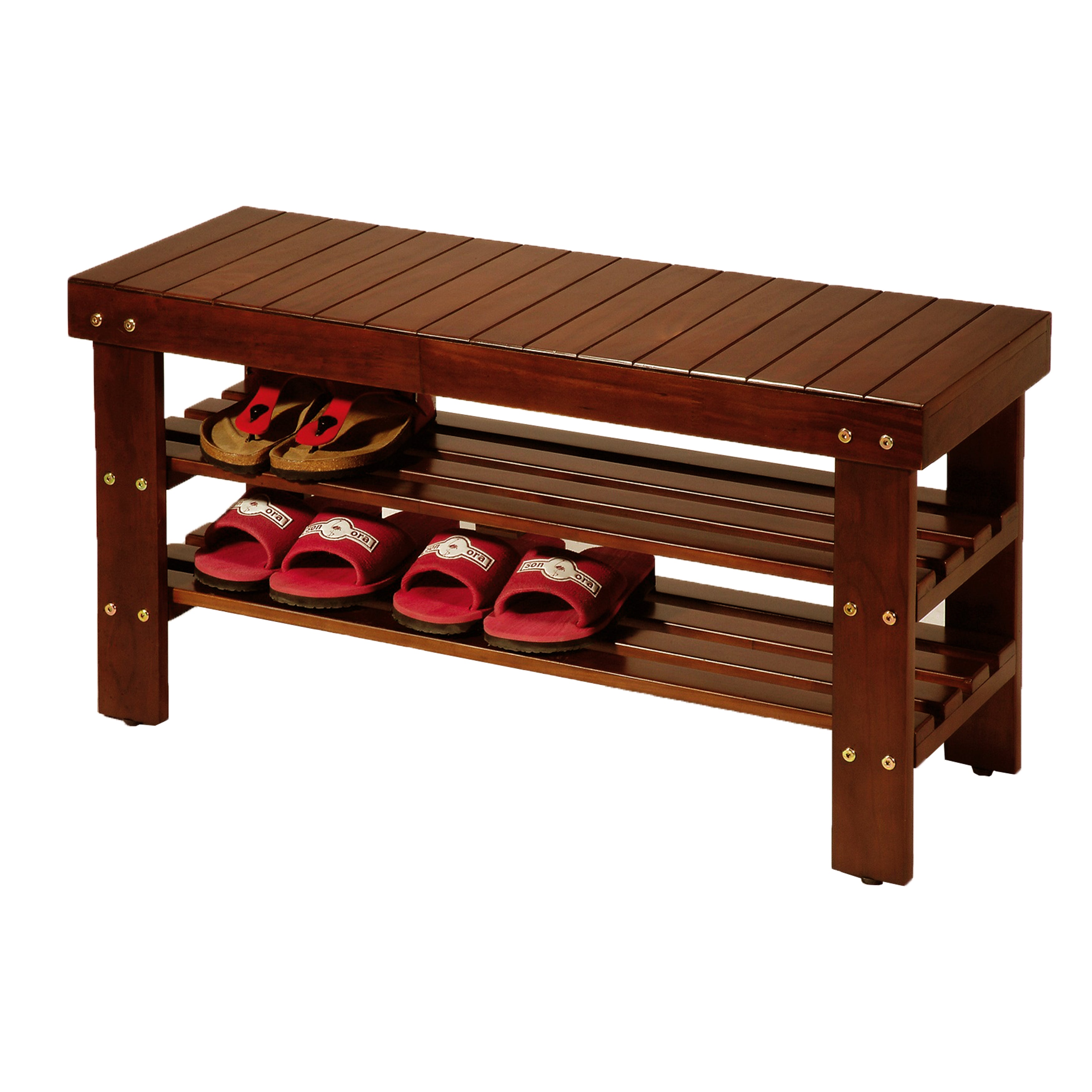 Roundhill Furniture Pina Solid Wood Shoe Bench with Storage - Cherry Finish - Entryway Organizer for Hallway, Bedroom & Mudroom