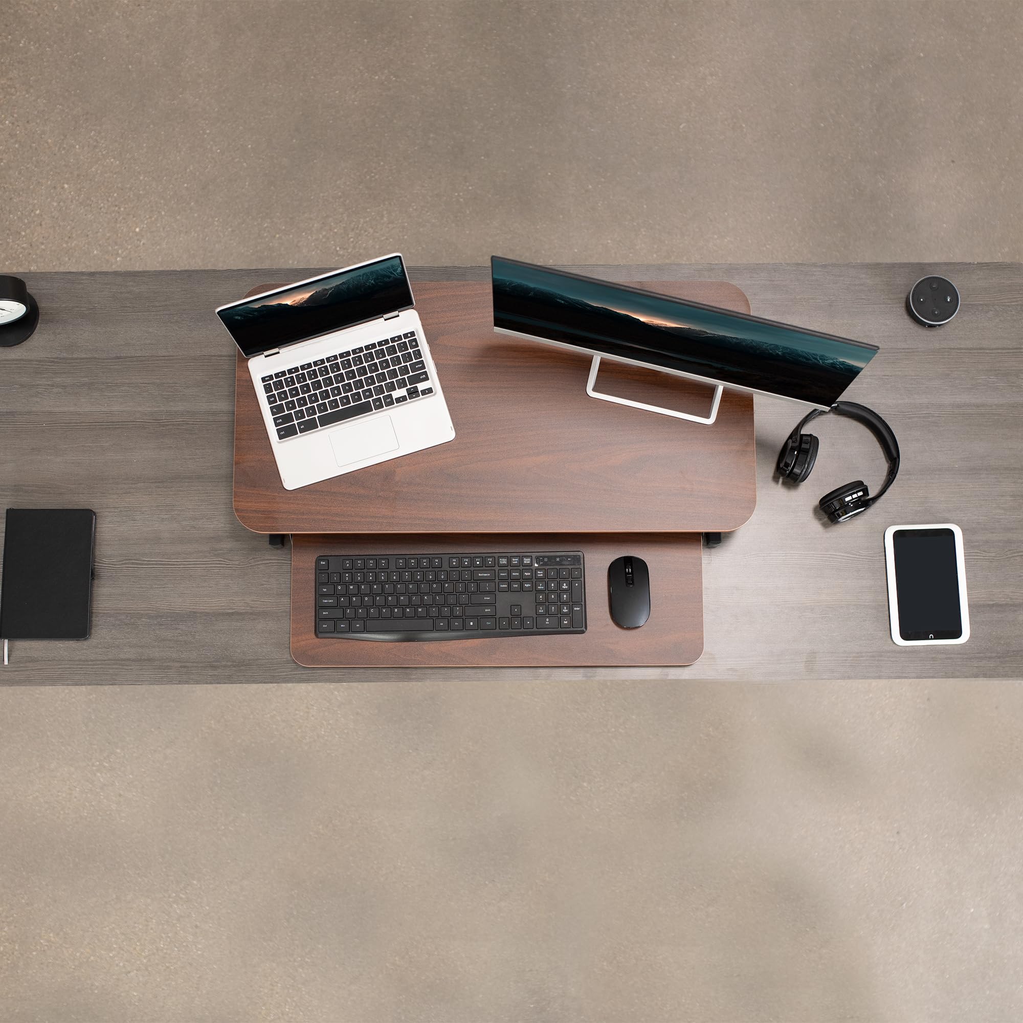 VIVO 32 Inch Height Adjustable Stand Up Desk Converter - Quick Sit to Stand Dual Monitor Riser Workstation with Dark Walnut Desktop & Black Frame (DESK-V000SD) - Perfect for Home Office, Gaming Setup, and Ergonomic Workspace