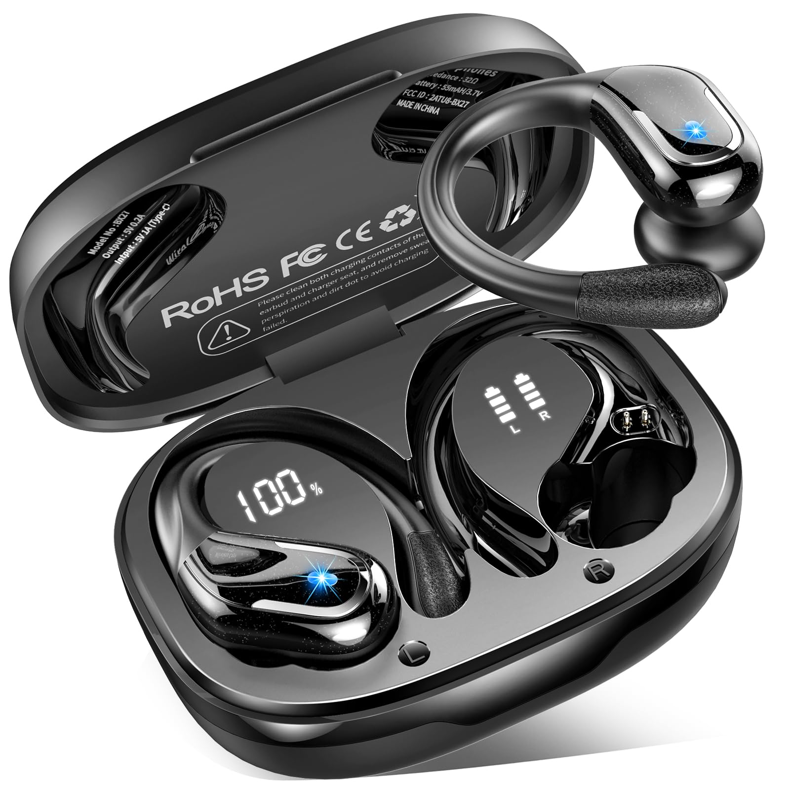 2024 Wireless Bluetooth 5.4 Sports Earbuds - 75H Playtime, 4 ENC Mic, Noise Cancelling Over-Ear Headphones with Earhooks, IP7 Waterproof - Perfect for Running, Workouts & Gym Sessions