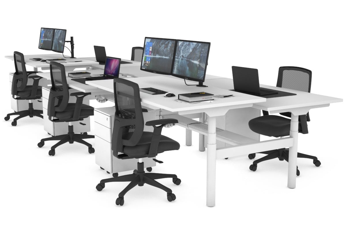 Flexi Premium Height Adjustable 6-Person H Bench Workstation - White Frame [1600L x 800W with Cable Management] - Ideal for Office, Coworking Spaces & Collaborative Work Environments